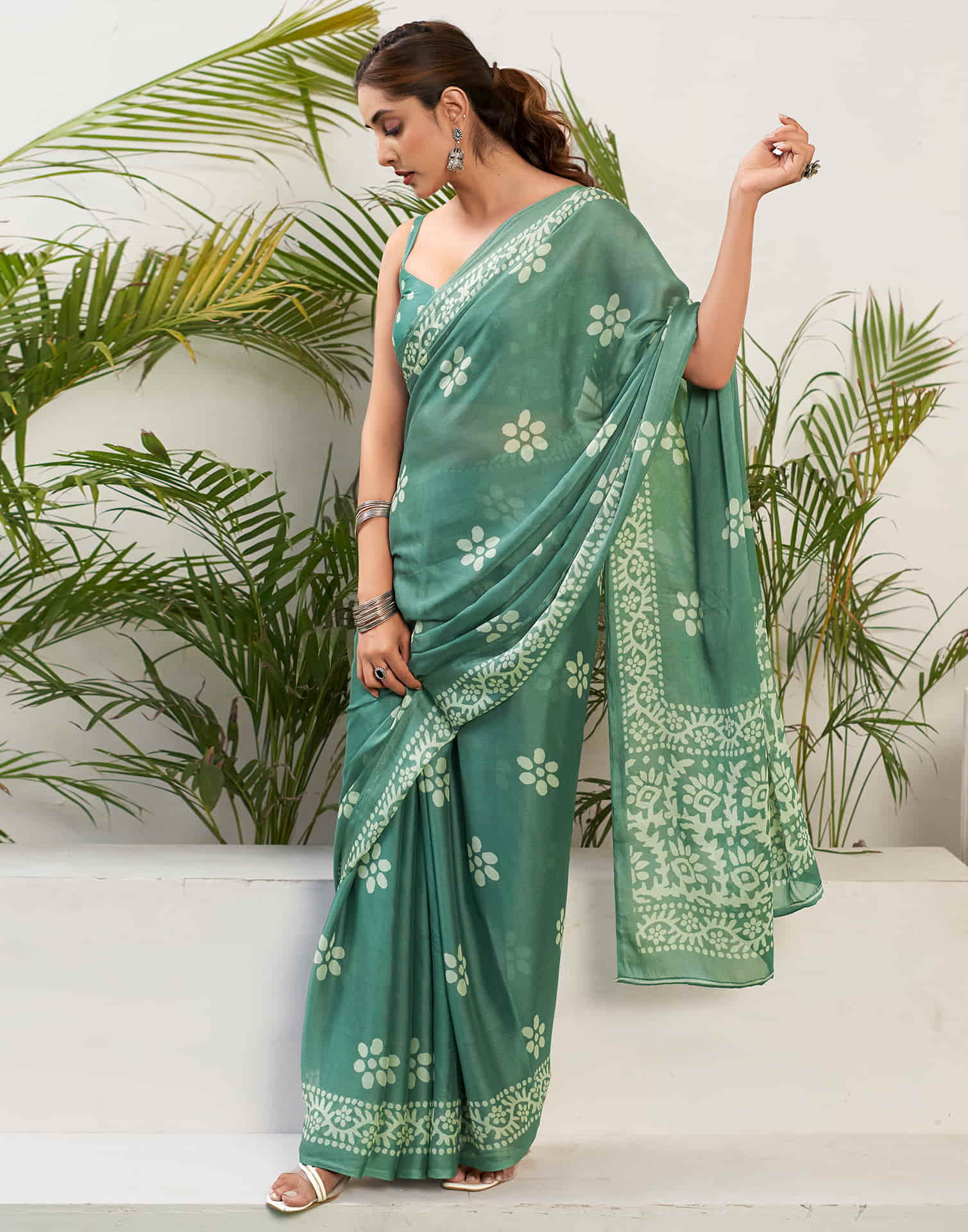 Dusty Green Chiffon Printed Saree