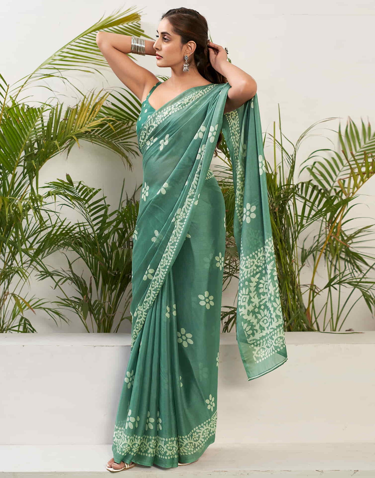 Dusty Green Chiffon Printed Saree