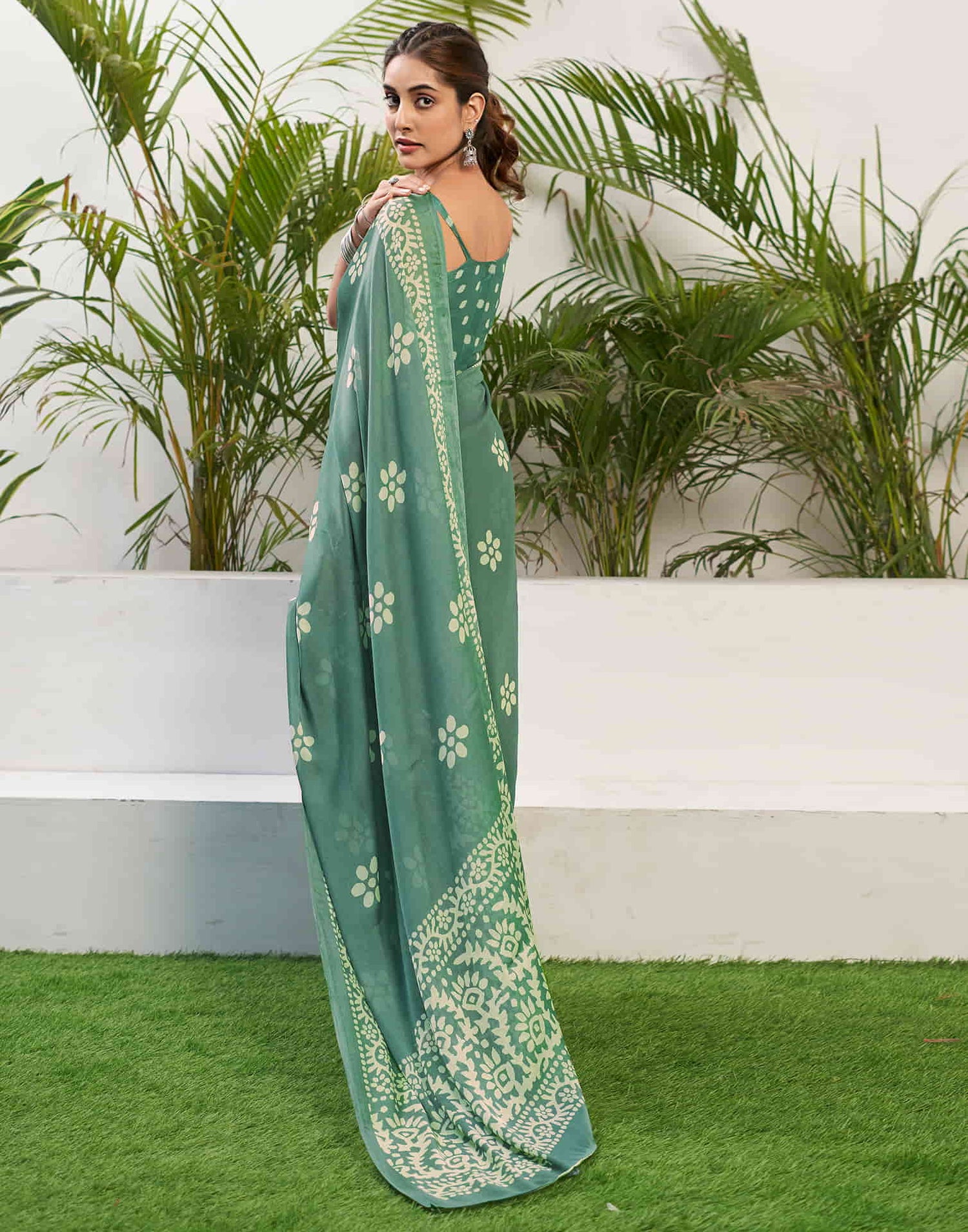 Dusty Green Chiffon Printed Saree