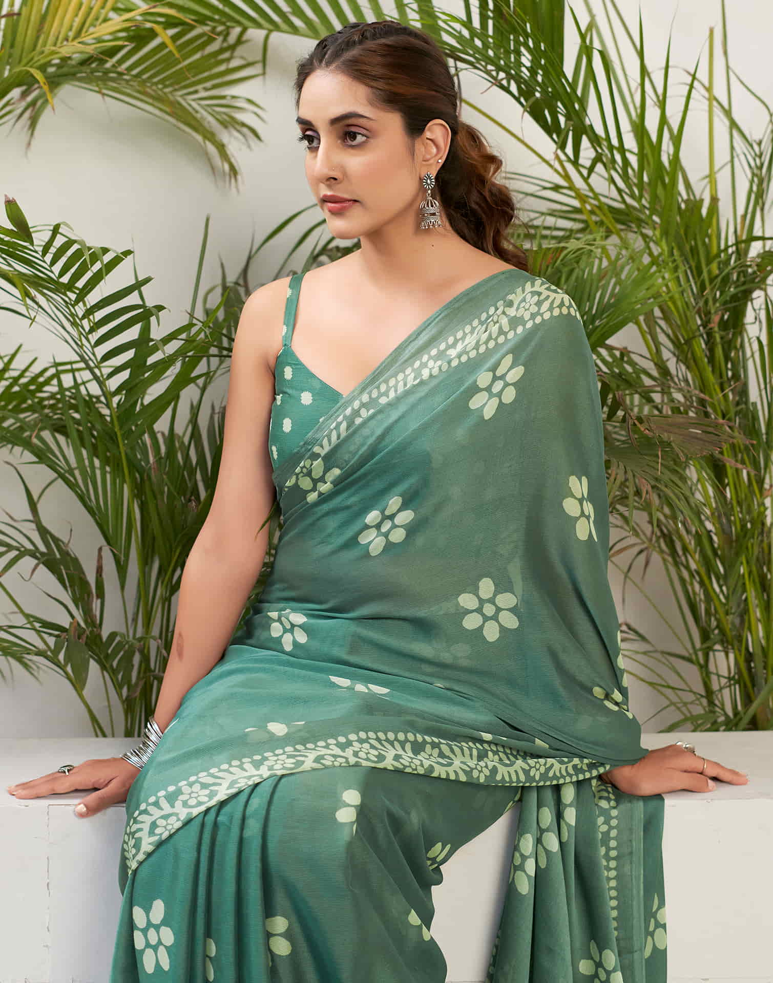 Dusty Green Chiffon Printed Saree