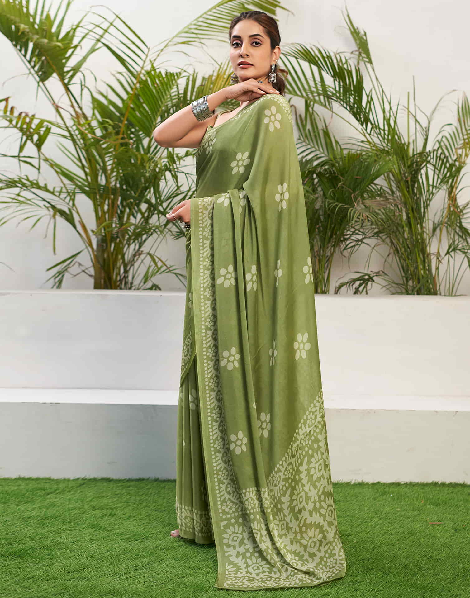 Pista Green Chiffon Printed Saree