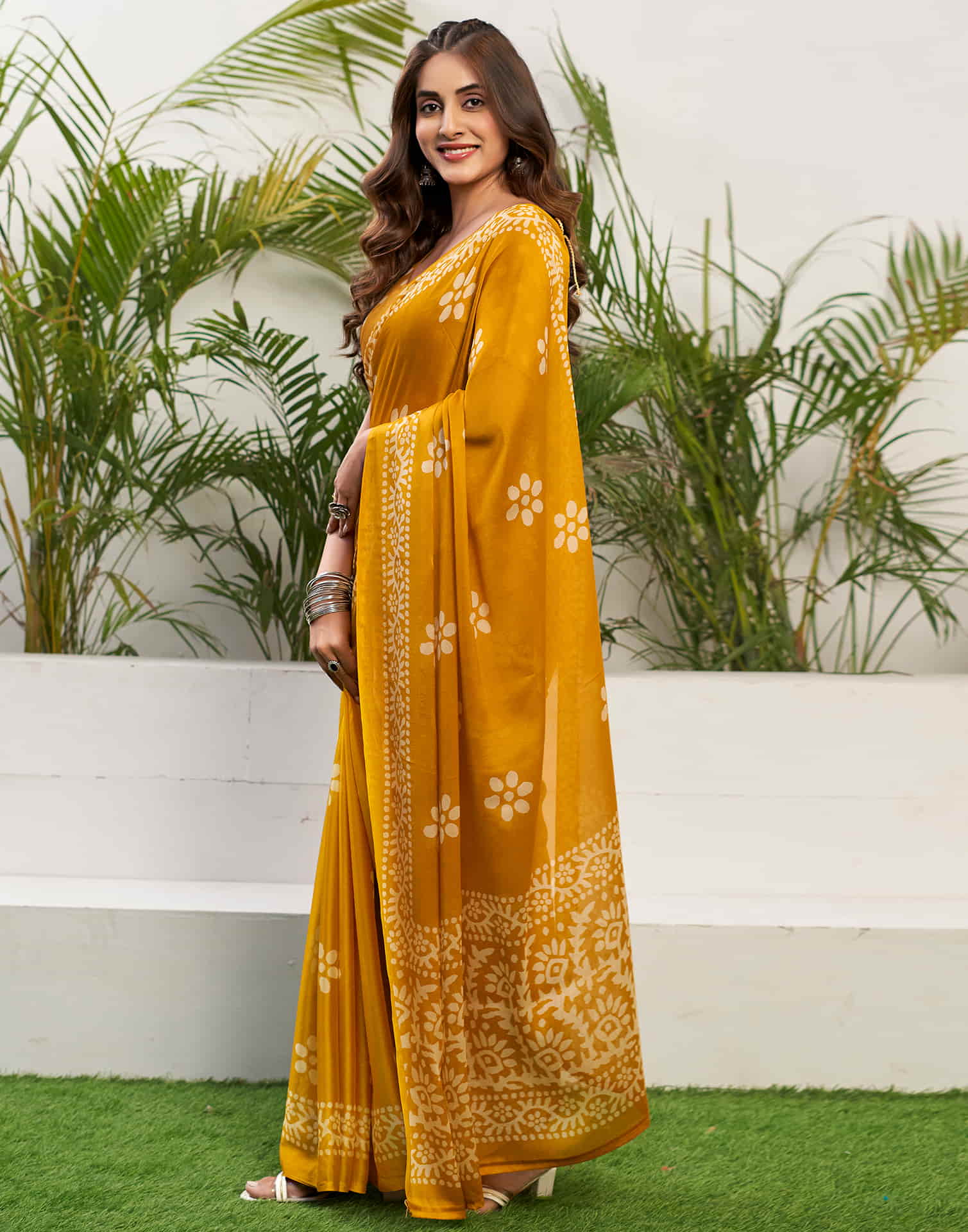 Turmeric Yellow Chiffon Printed Saree