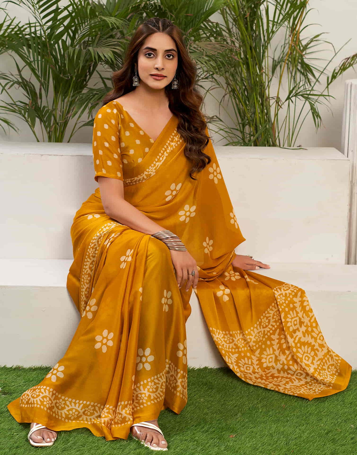 Turmeric Yellow Chiffon Printed Saree