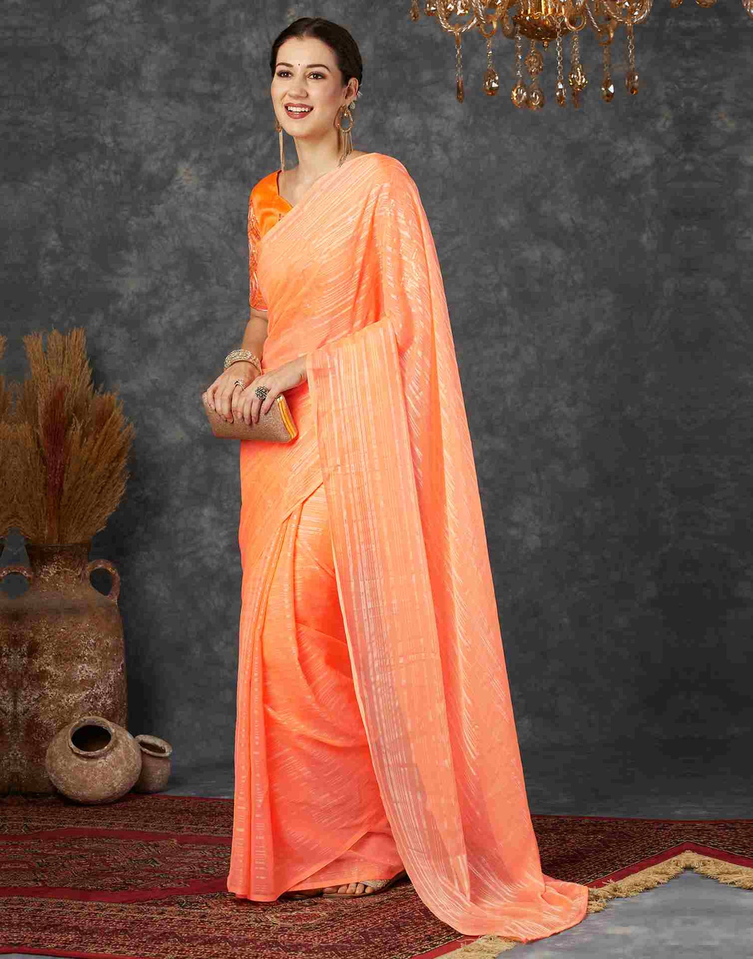 Light Orange Georgette Plain Saree