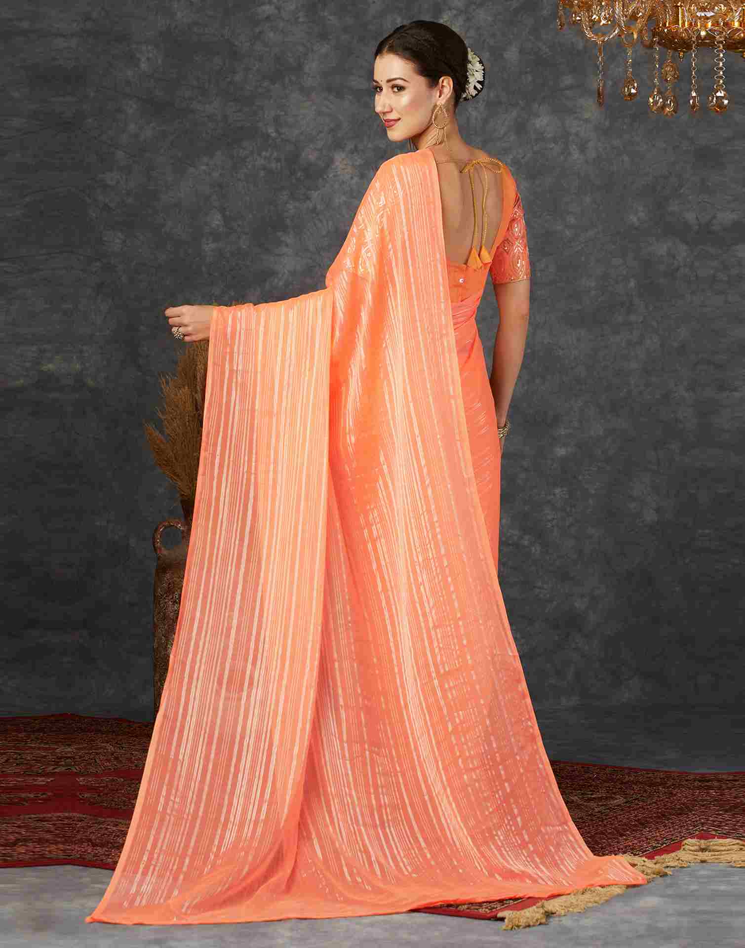 Light Orange Georgette Plain Saree