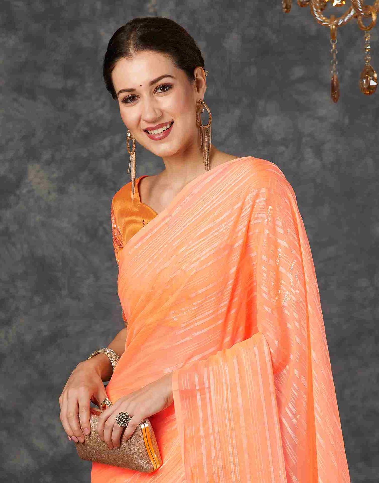 Light Orange Georgette Plain Saree