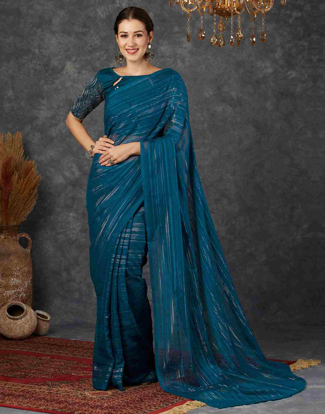 Rama Blue Georgette Plain Saree