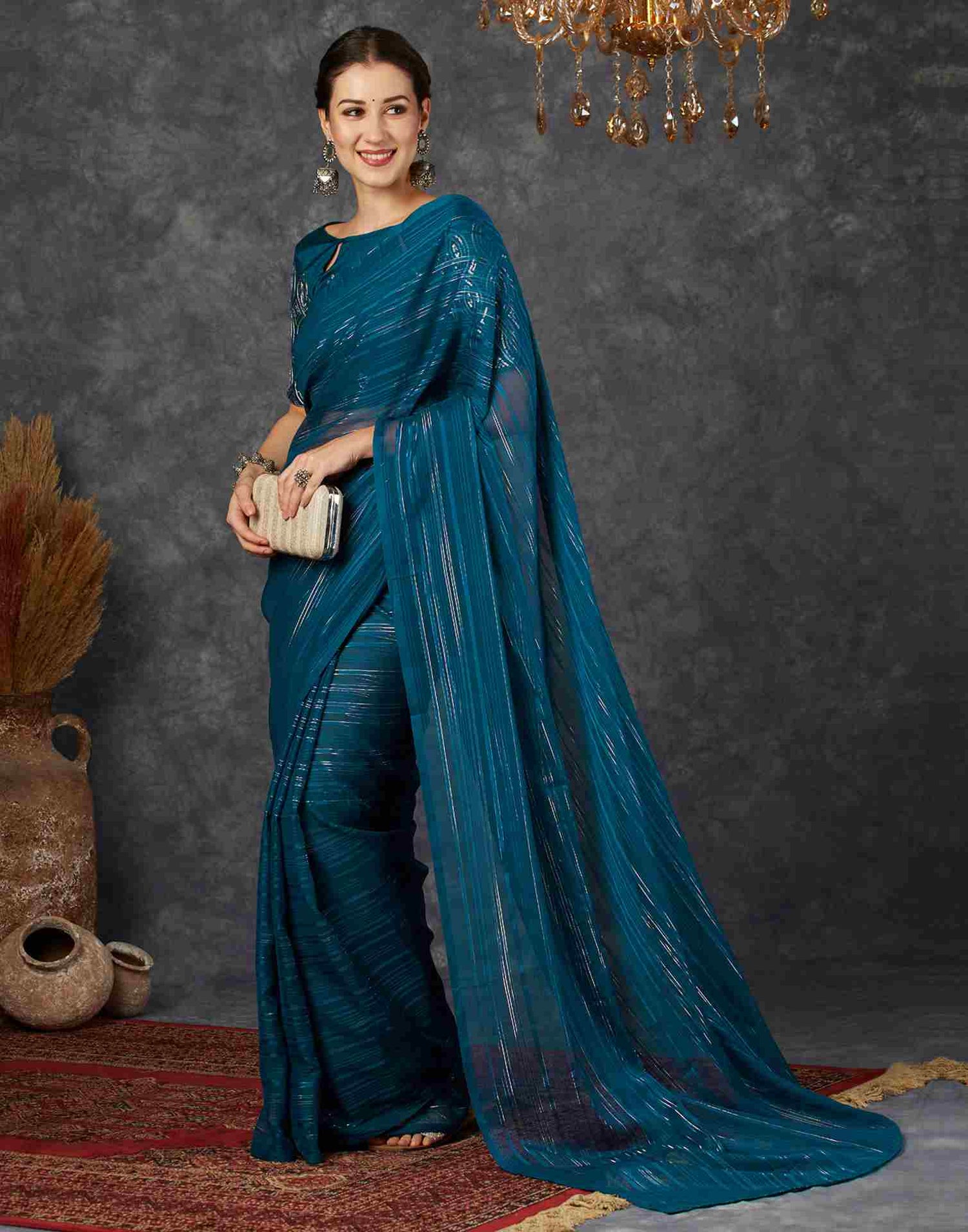 Rama Blue Georgette Plain Saree