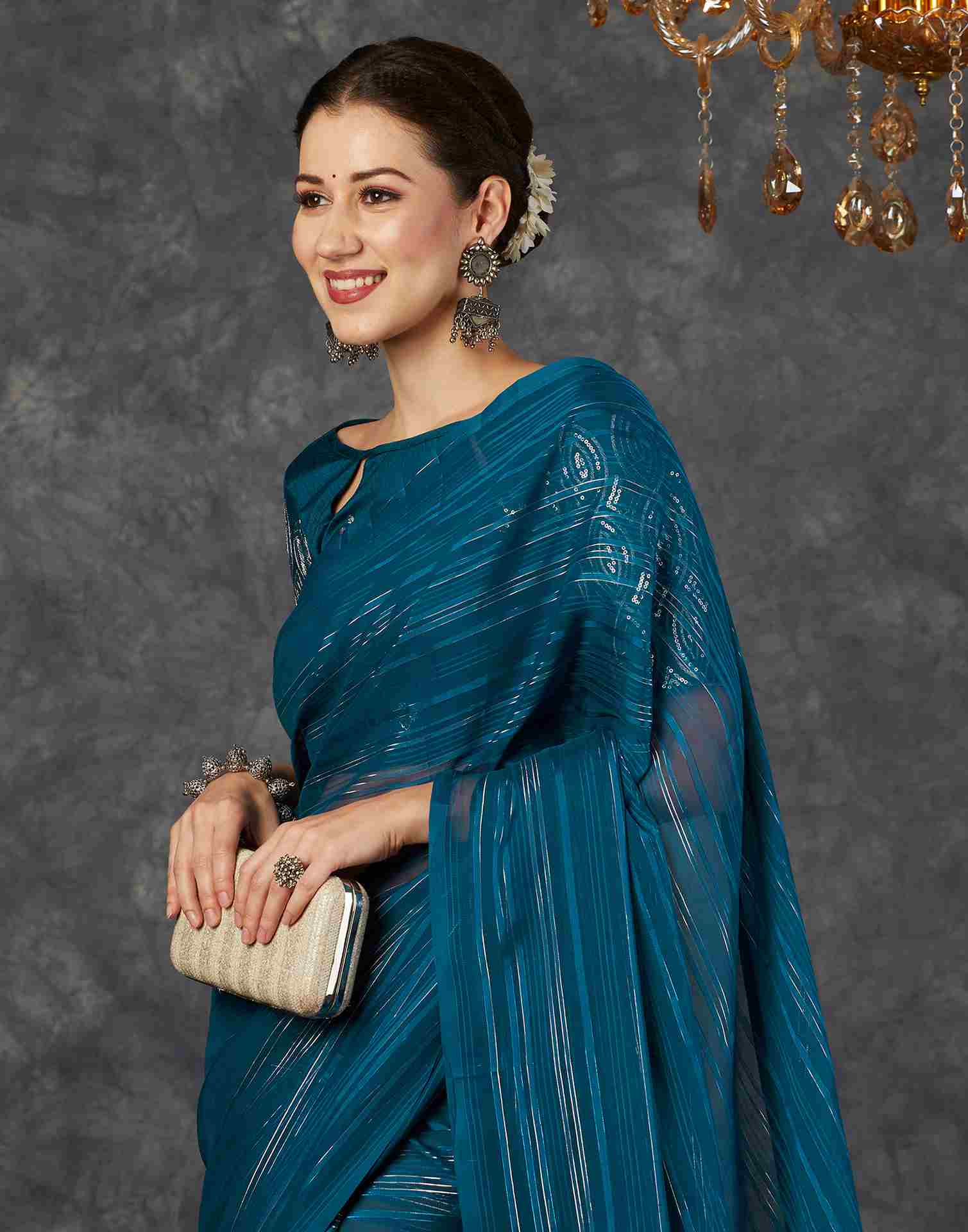 Rama Blue Georgette Plain Saree