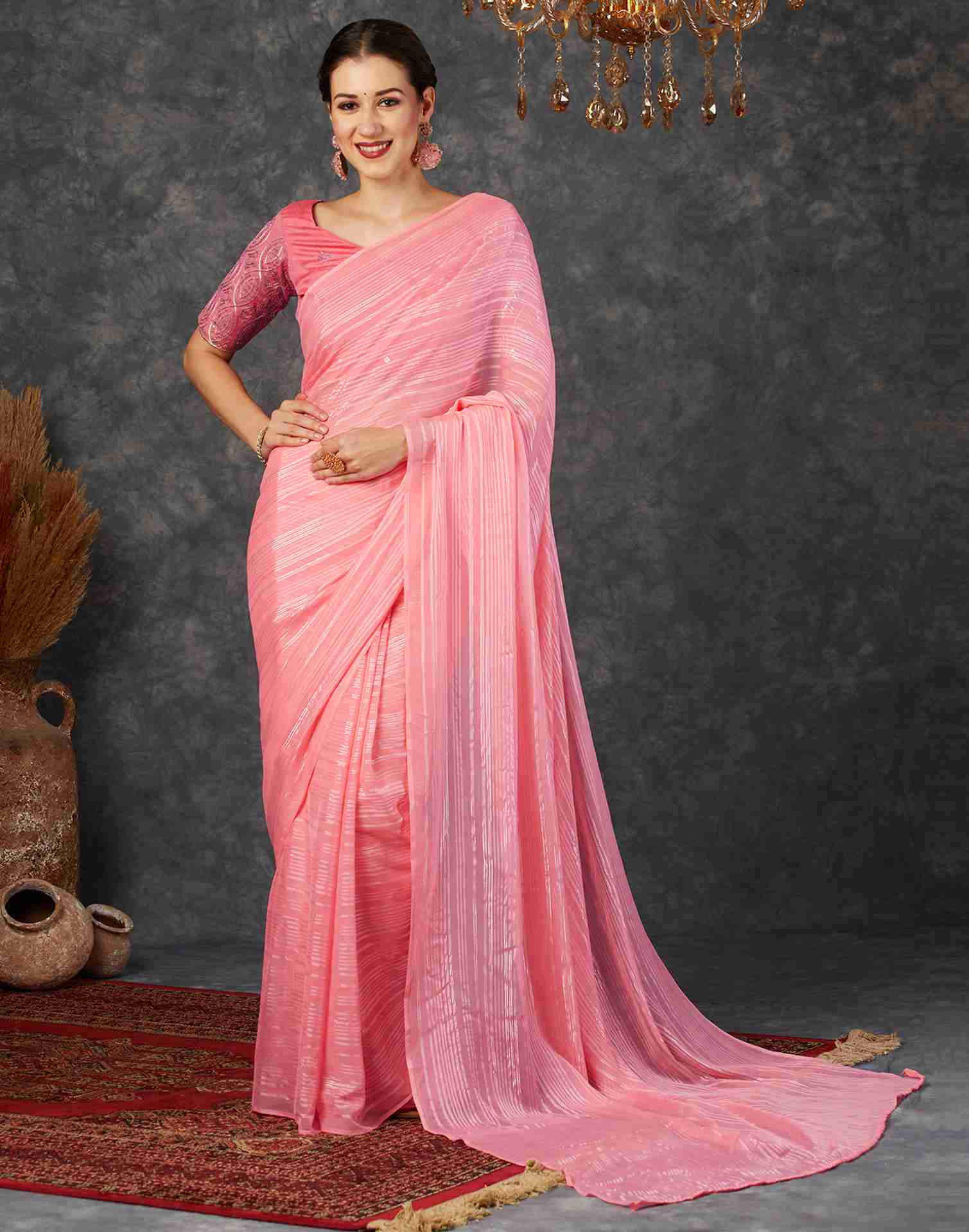 Punch Pink Georgette Plain Saree