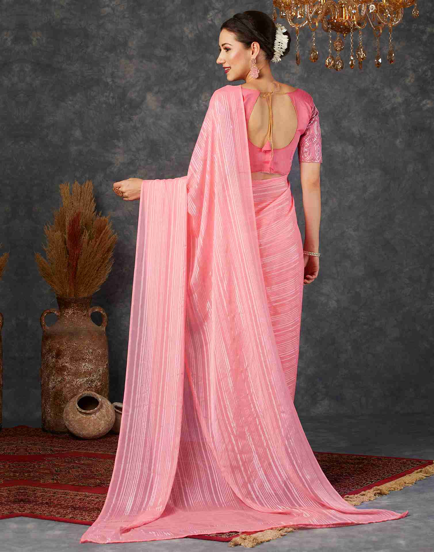 Punch Pink Georgette Plain Saree