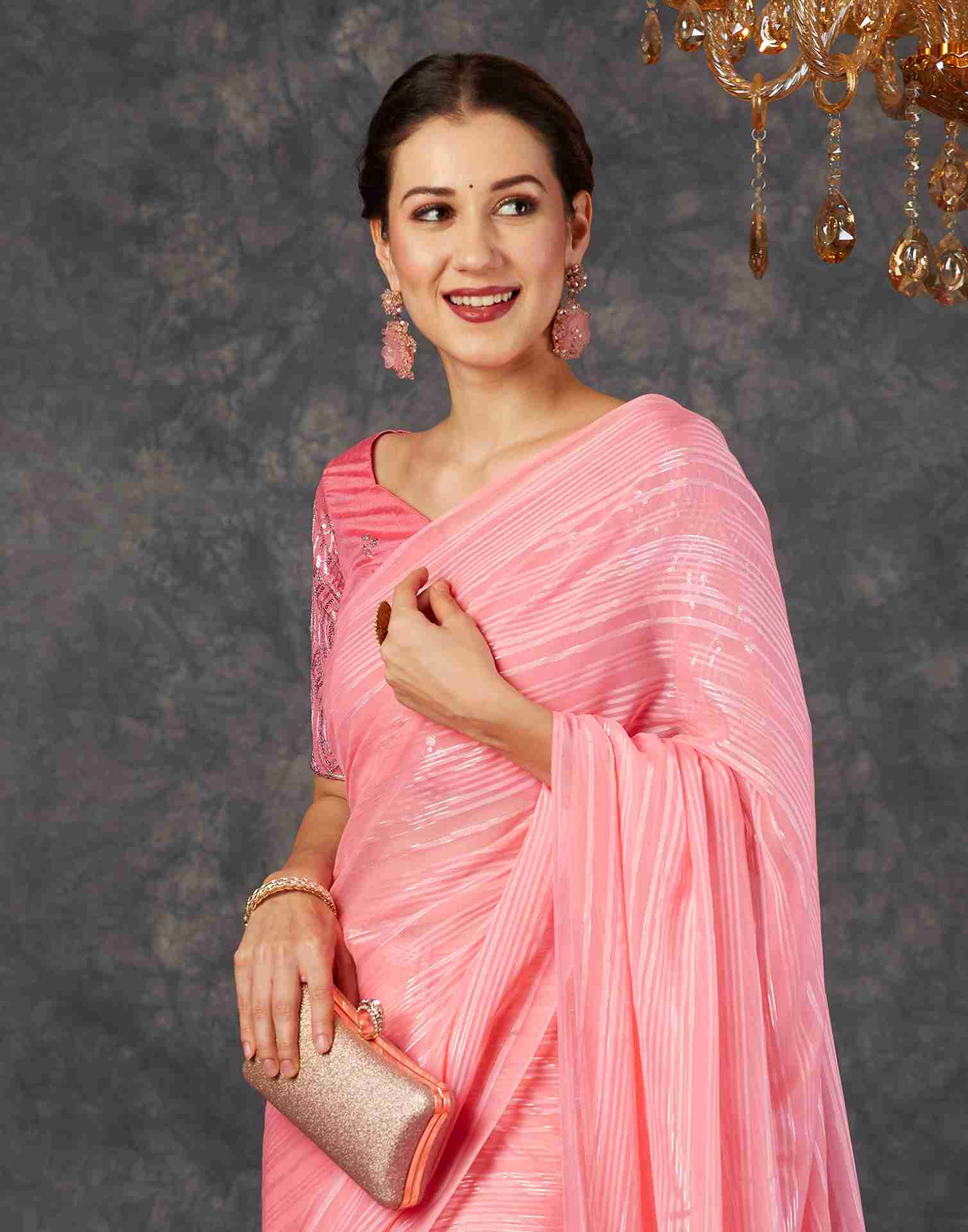 Punch Pink Georgette Plain Saree