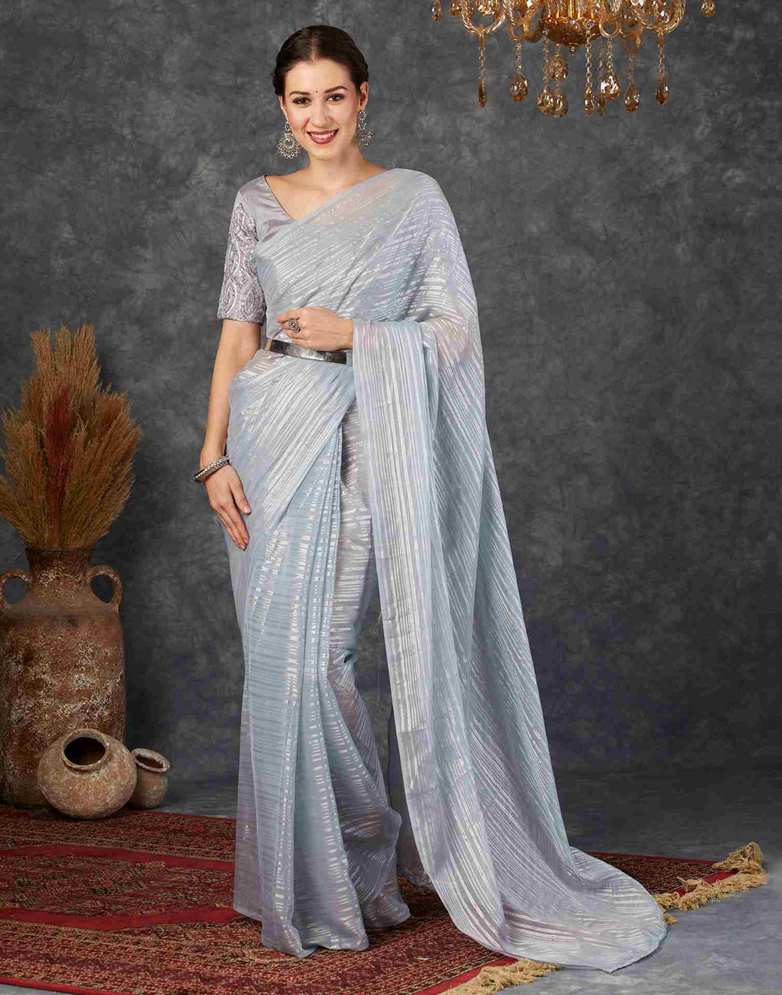 Grey Georgette Plain Saree