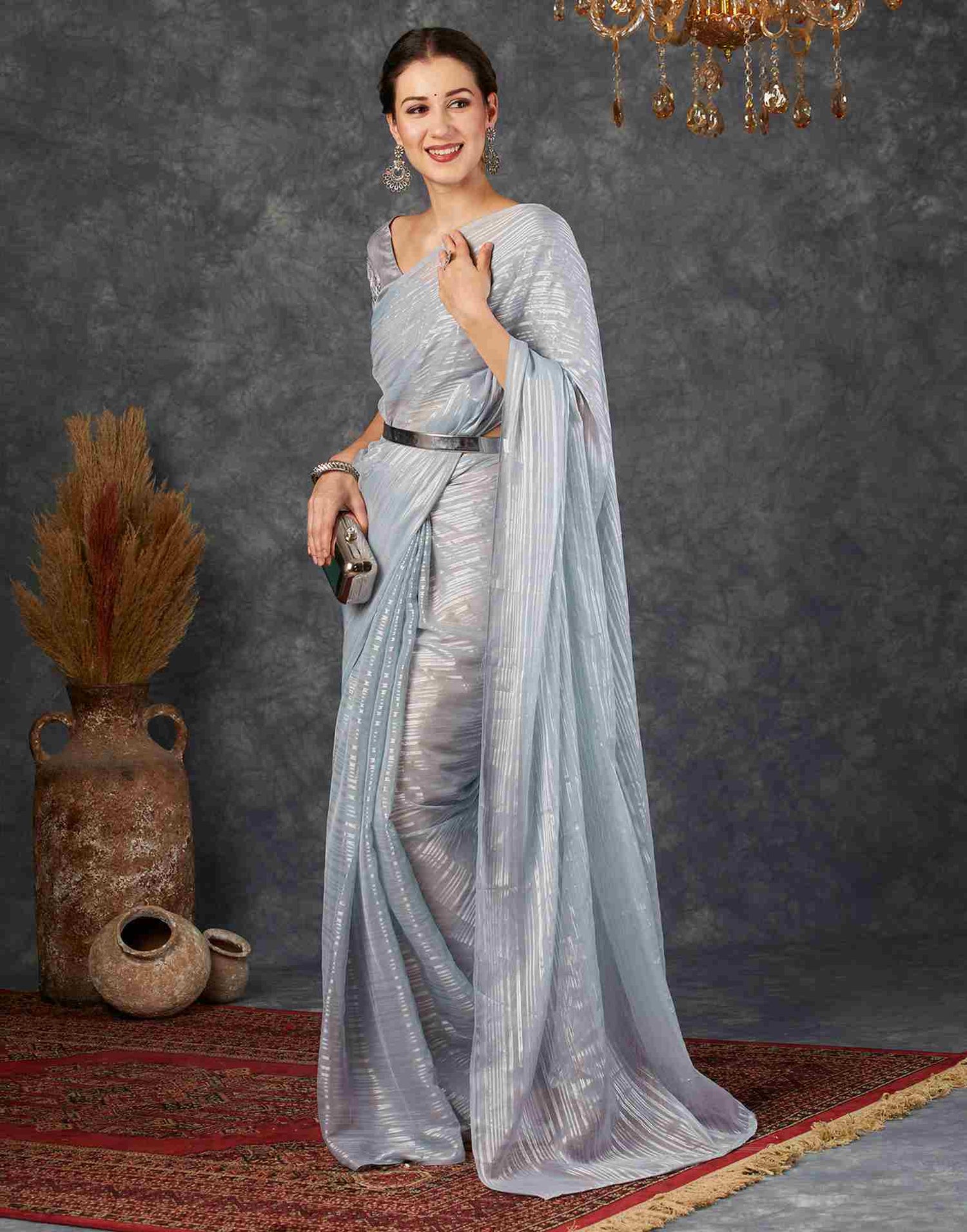 Grey Georgette Plain Saree