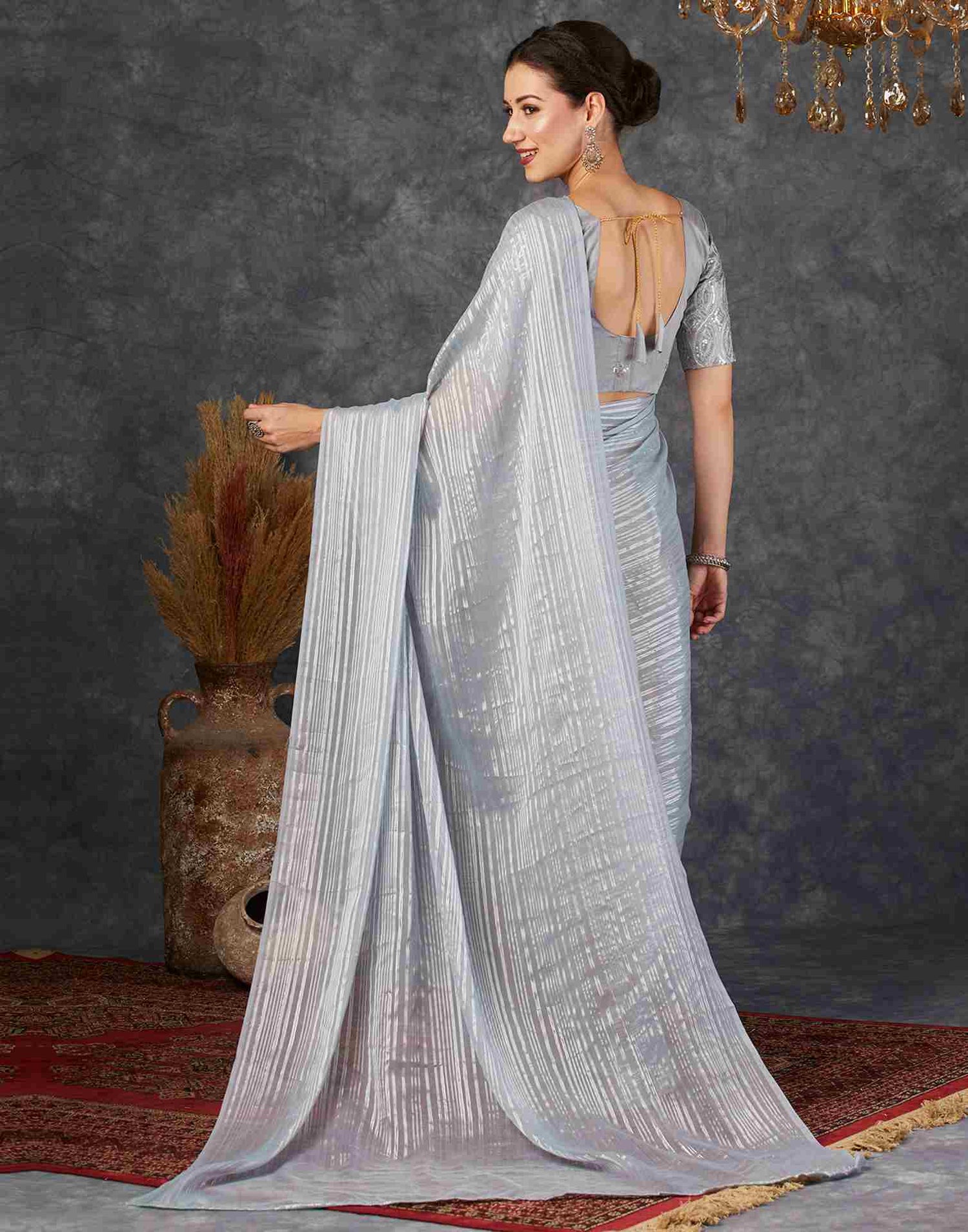 Grey Georgette Plain Saree