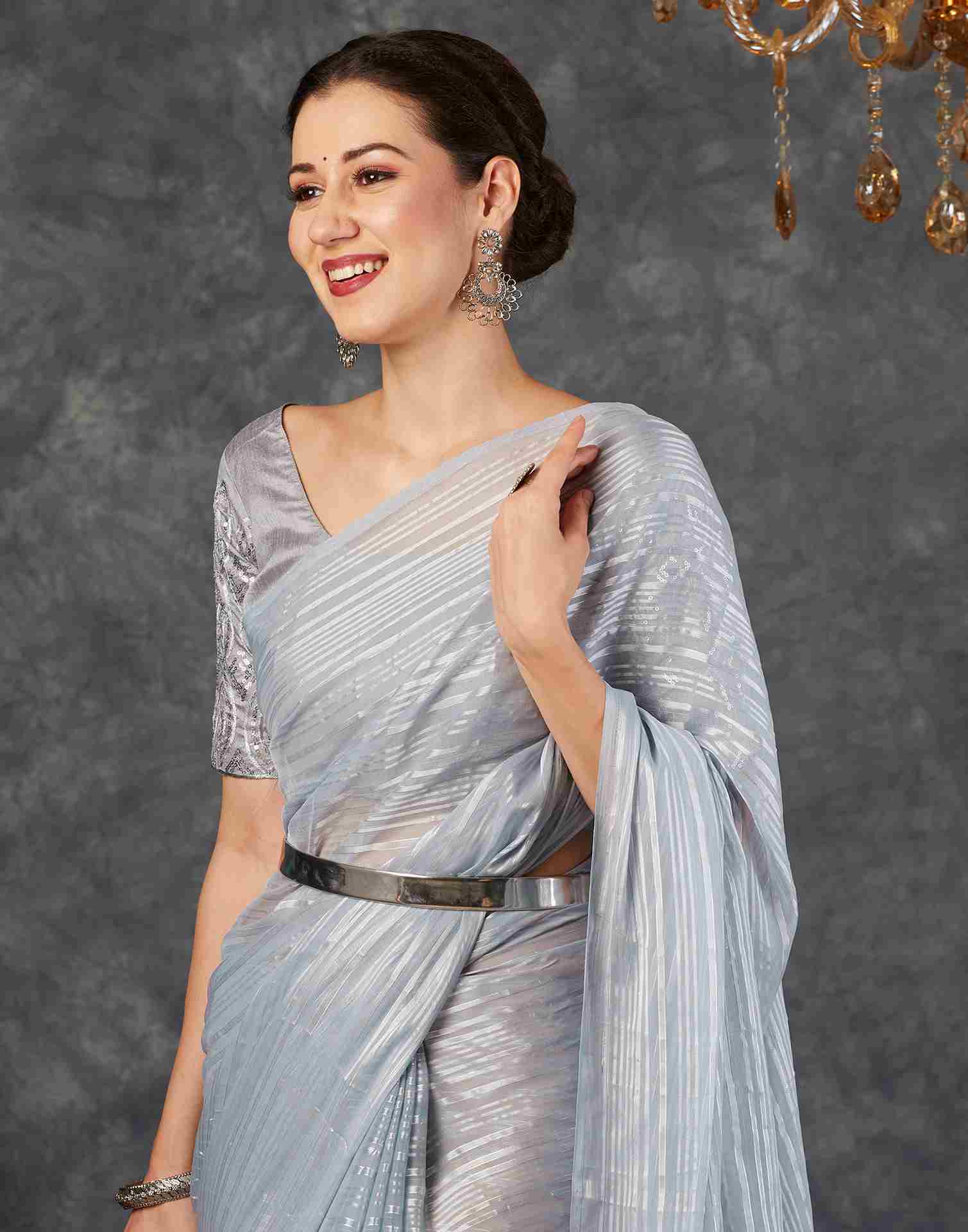 Grey Georgette Plain Saree