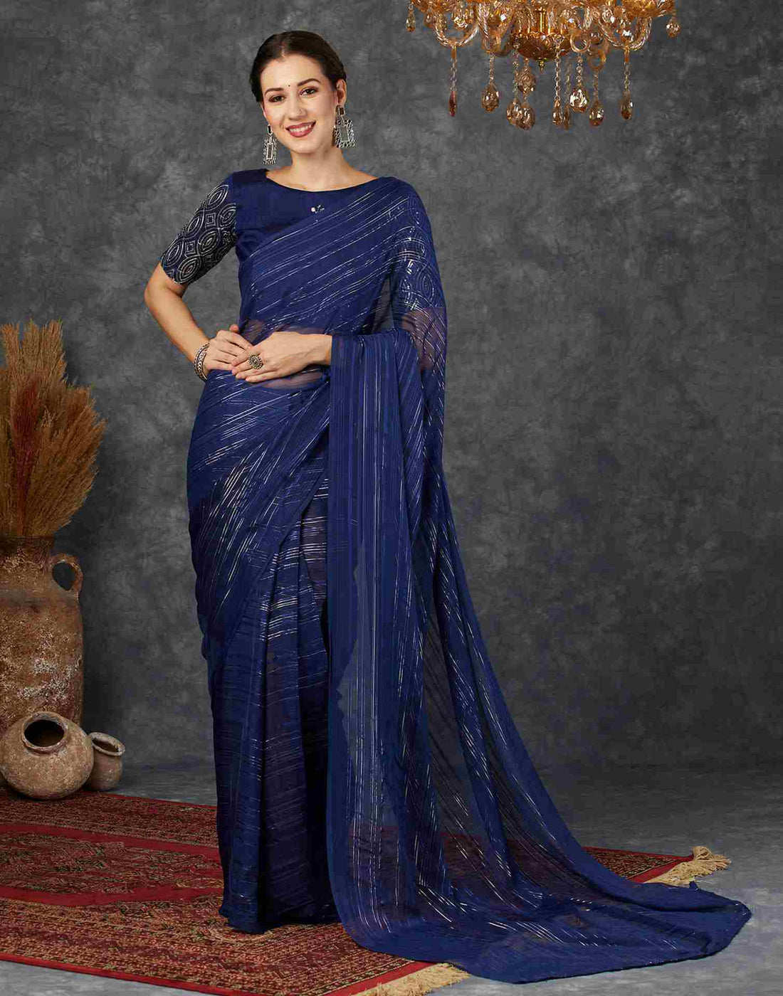 Navy Blue Georgette Plain Saree