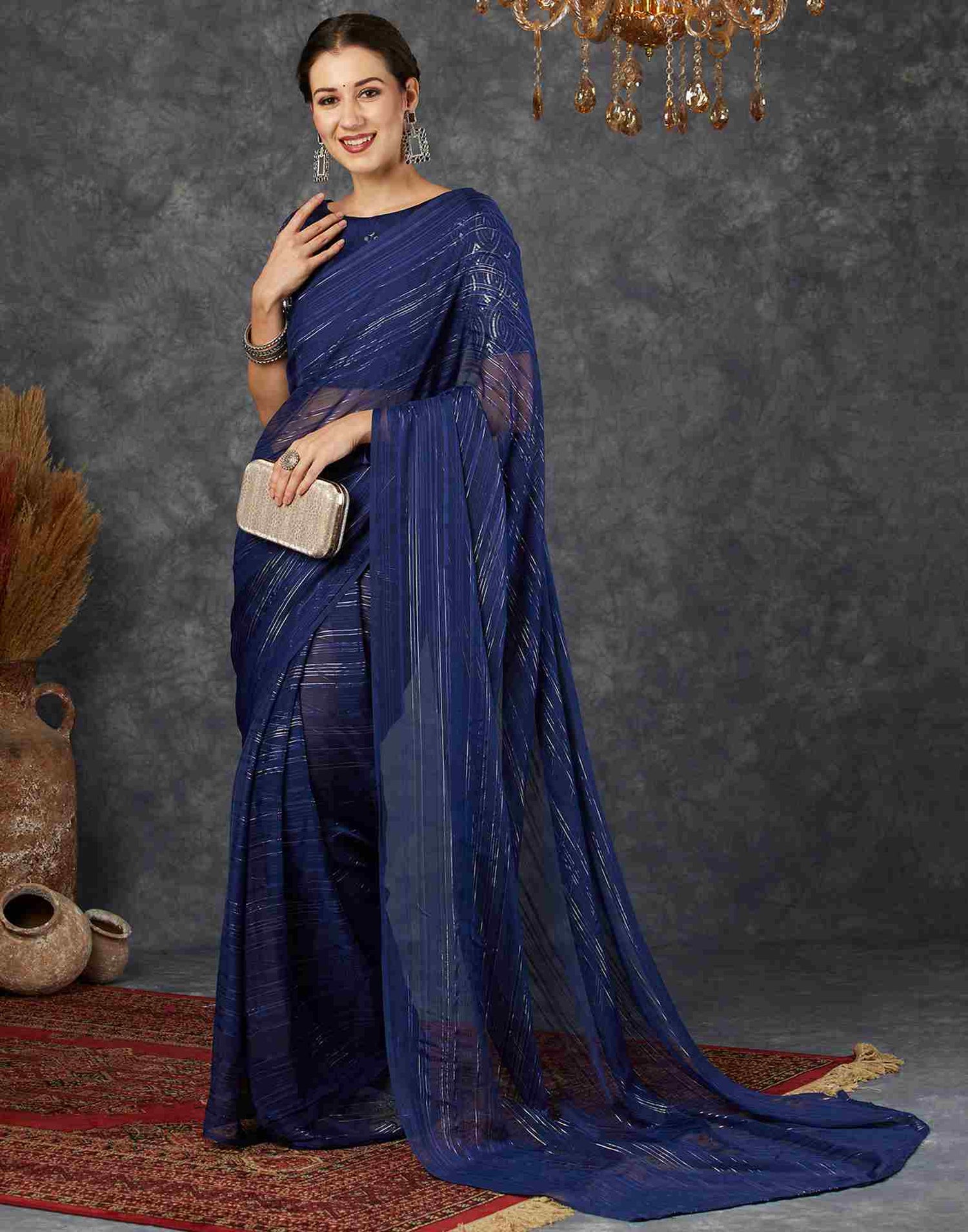 Navy Blue Georgette Plain Saree