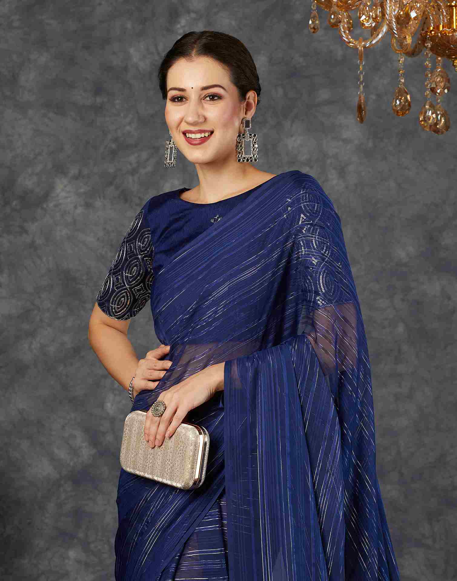 Navy Blue Georgette Plain Saree