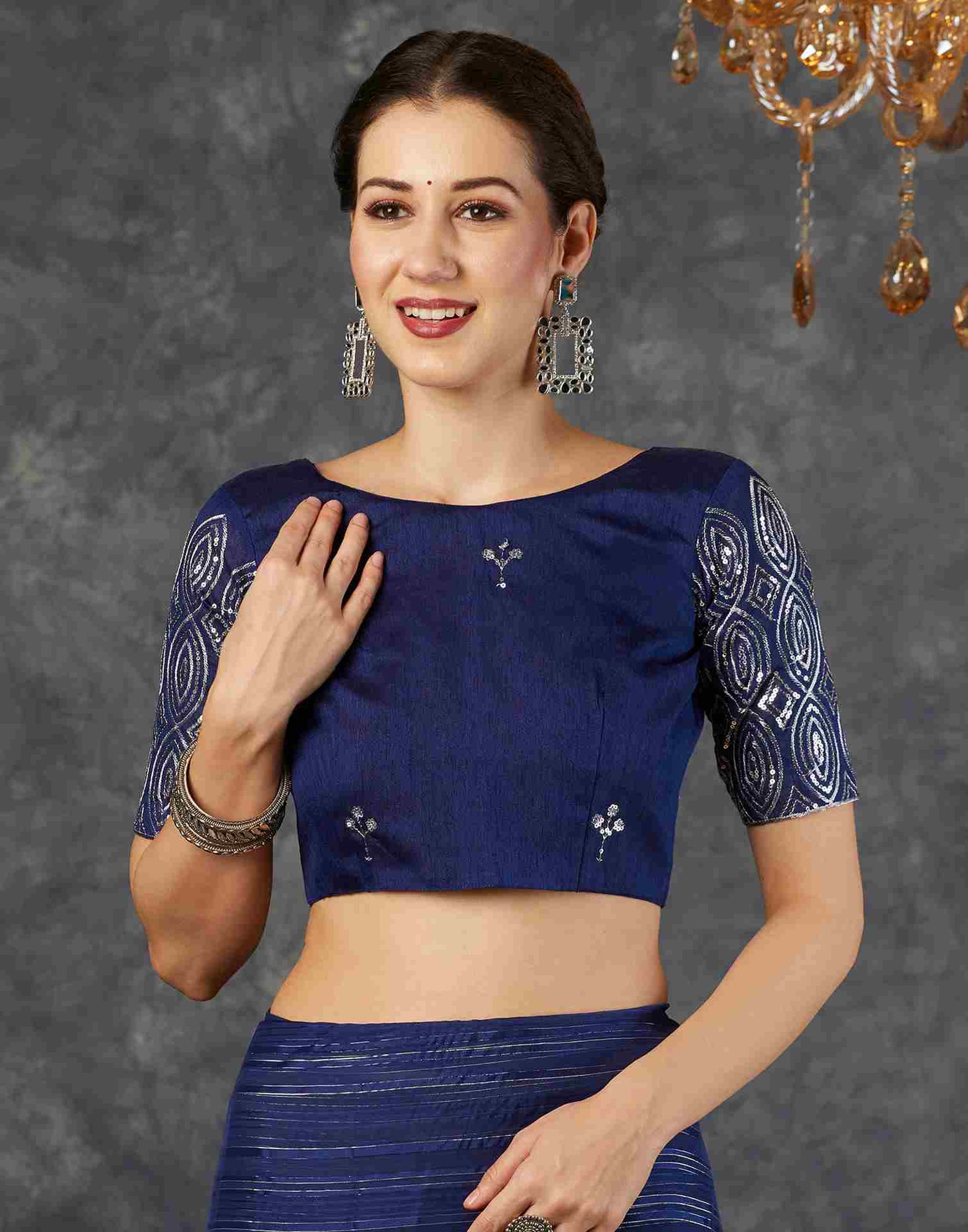 Navy Blue Georgette Plain Saree