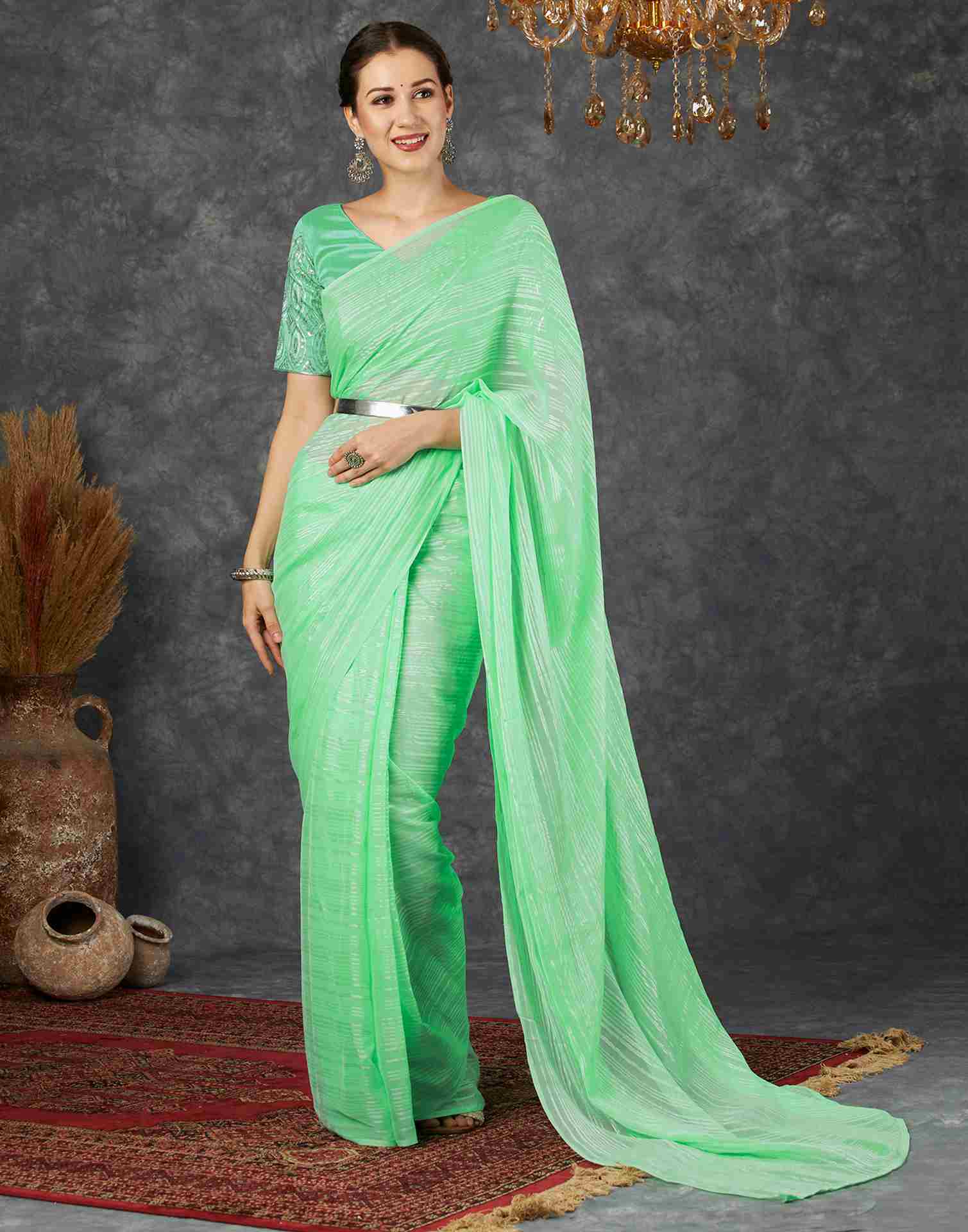 Mint Green Georgette Plain Saree