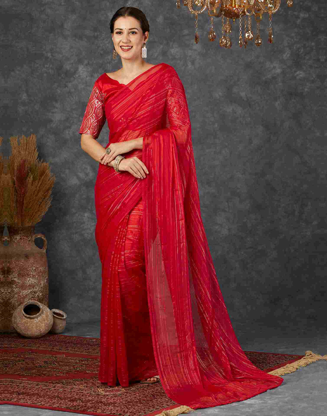 Red Georgette Plain Saree