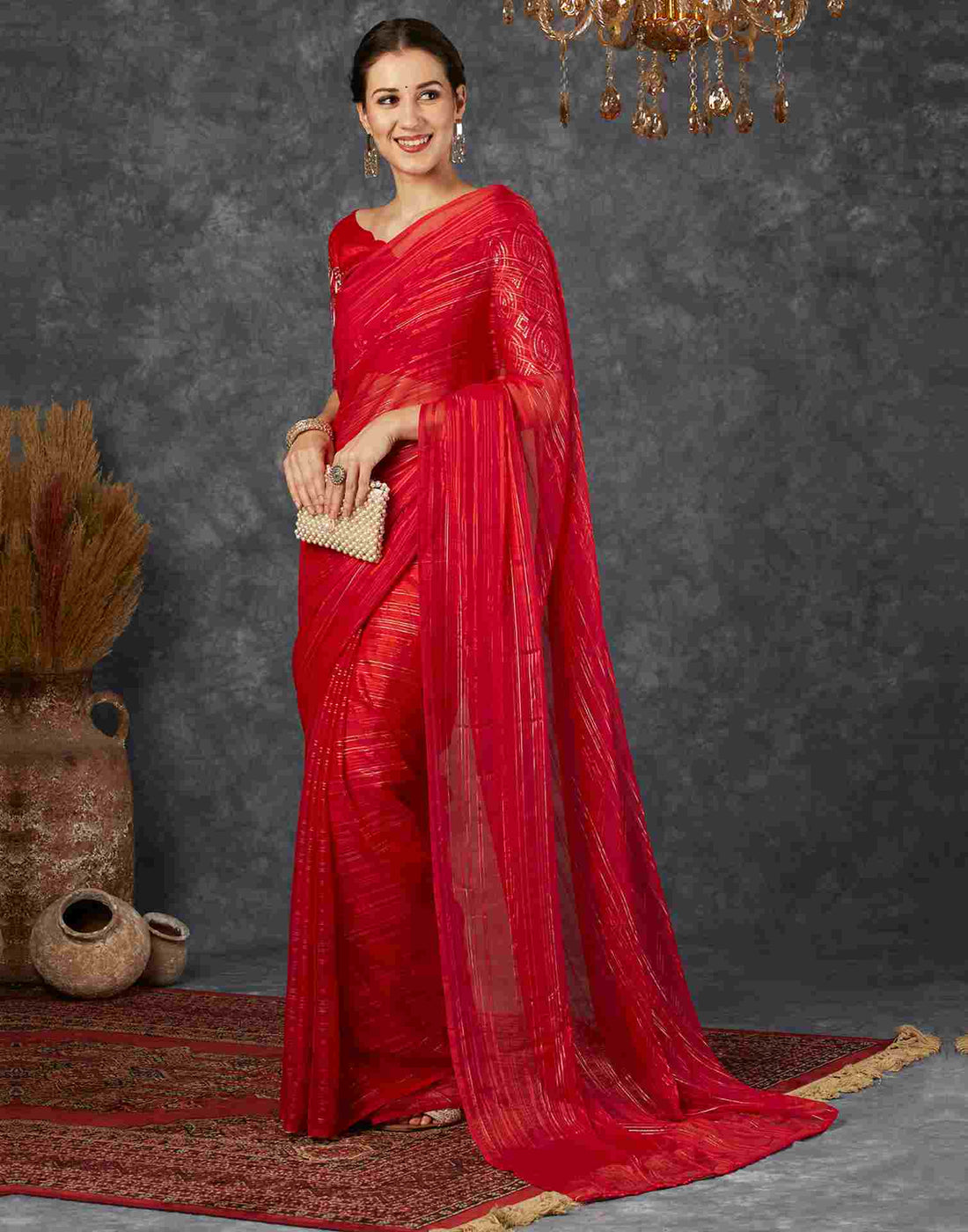 Red Georgette Plain Saree