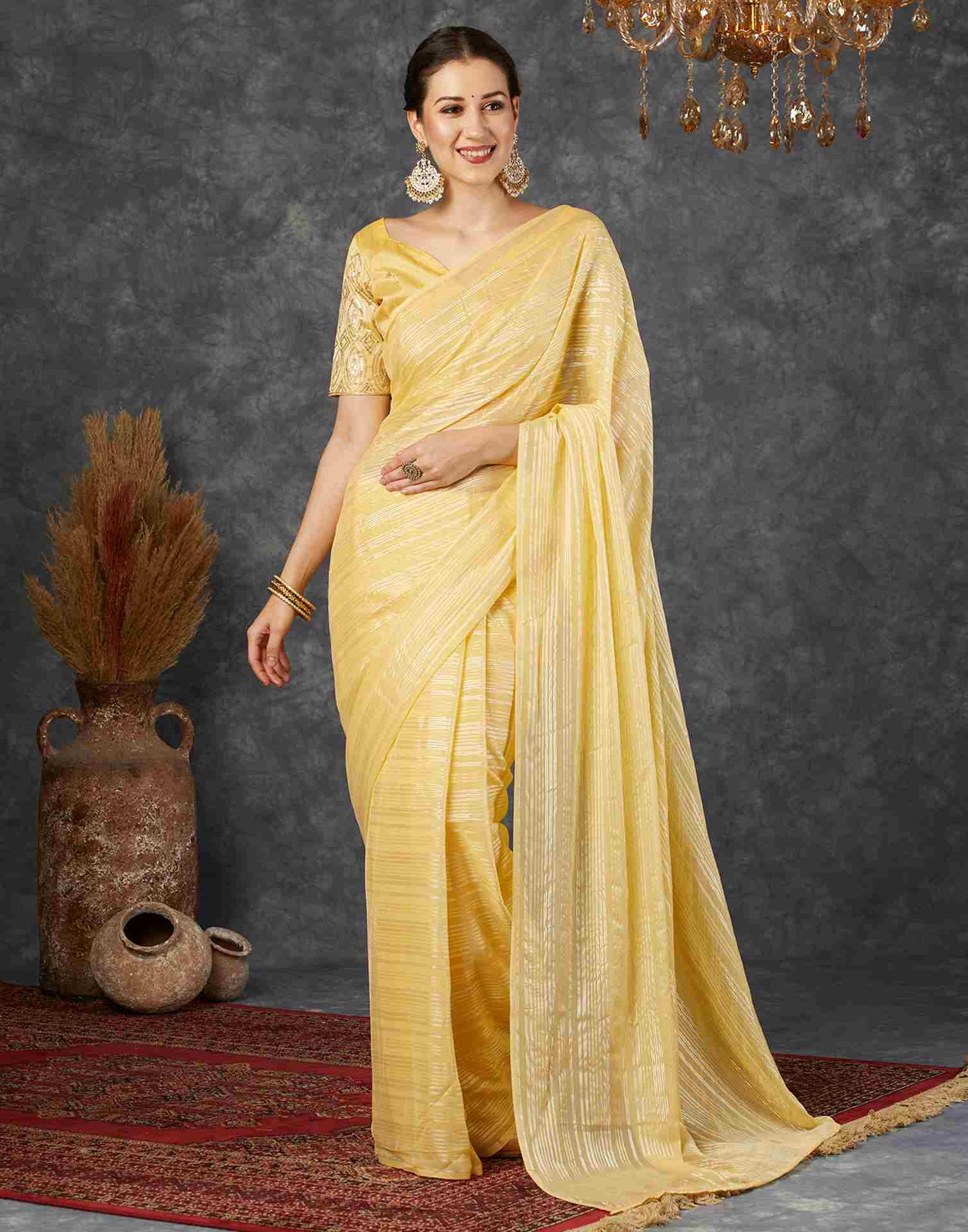 Light Yellow Georgette Plain Saree