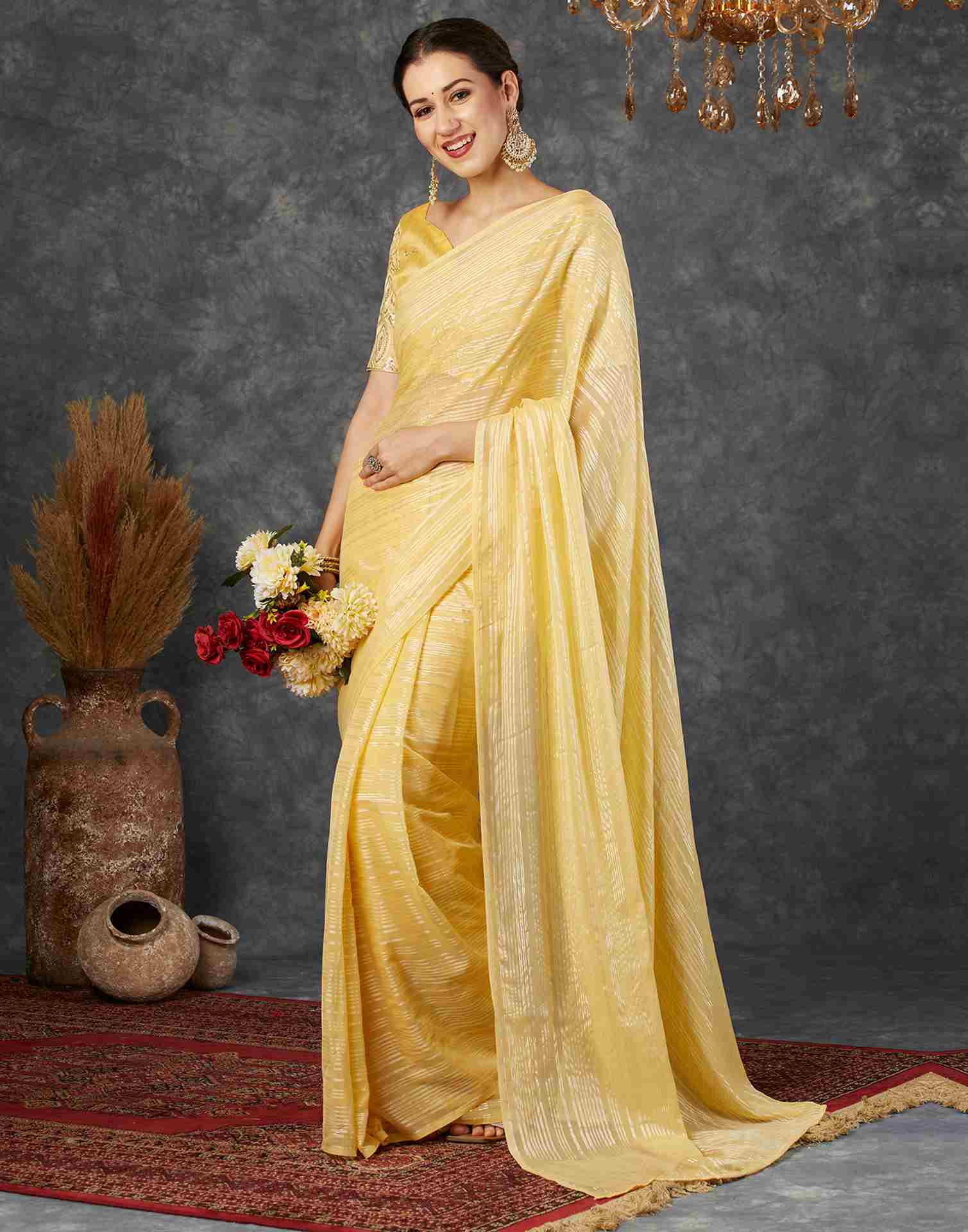 Light Yellow Georgette Plain Saree