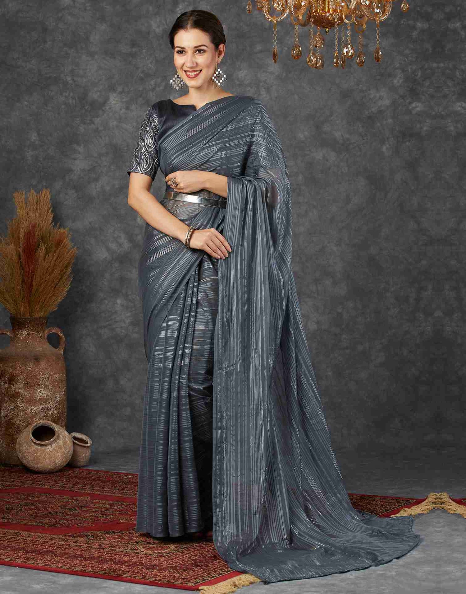 Dark Grey Georgette Plain Saree