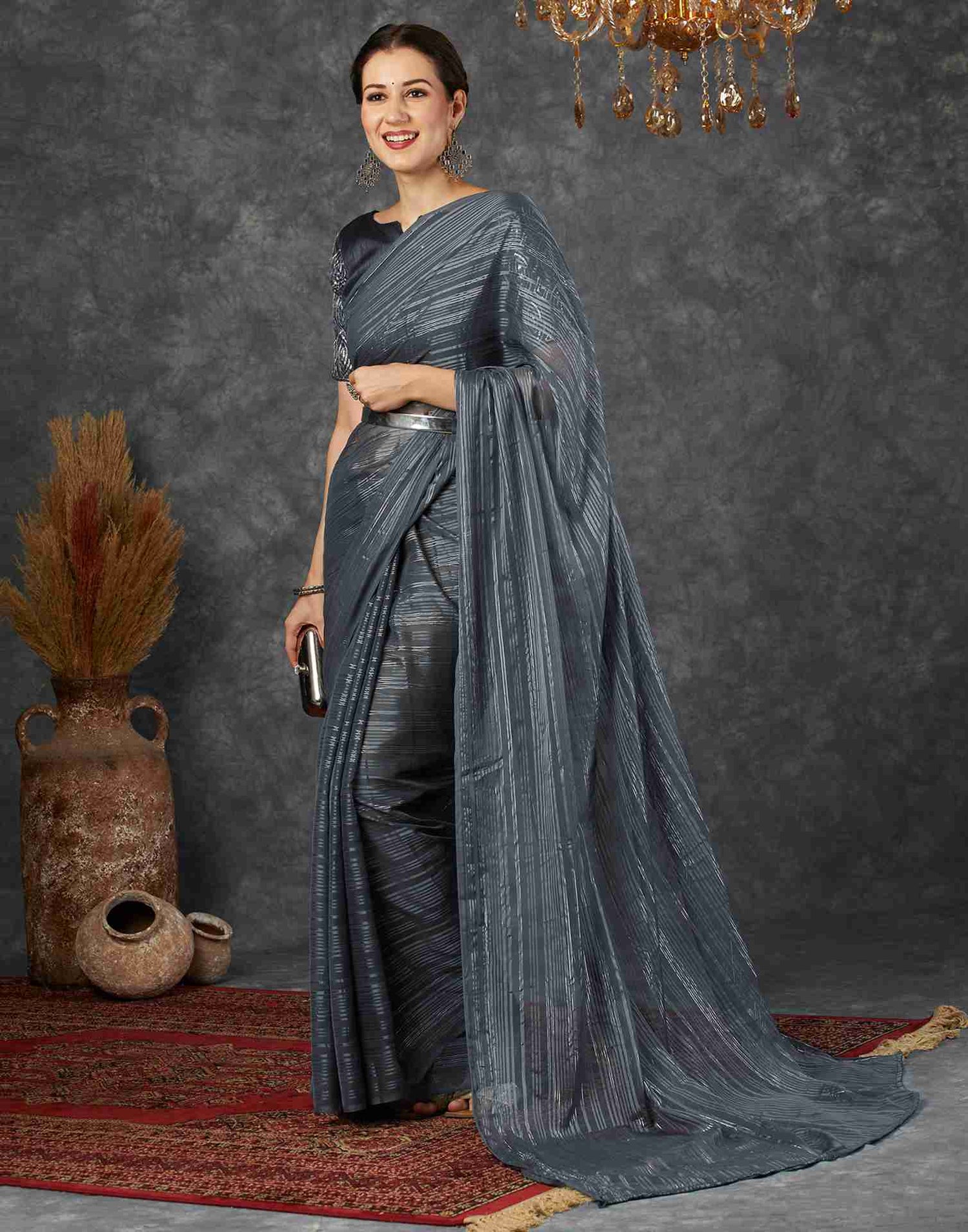 Dark Grey Georgette Plain Saree