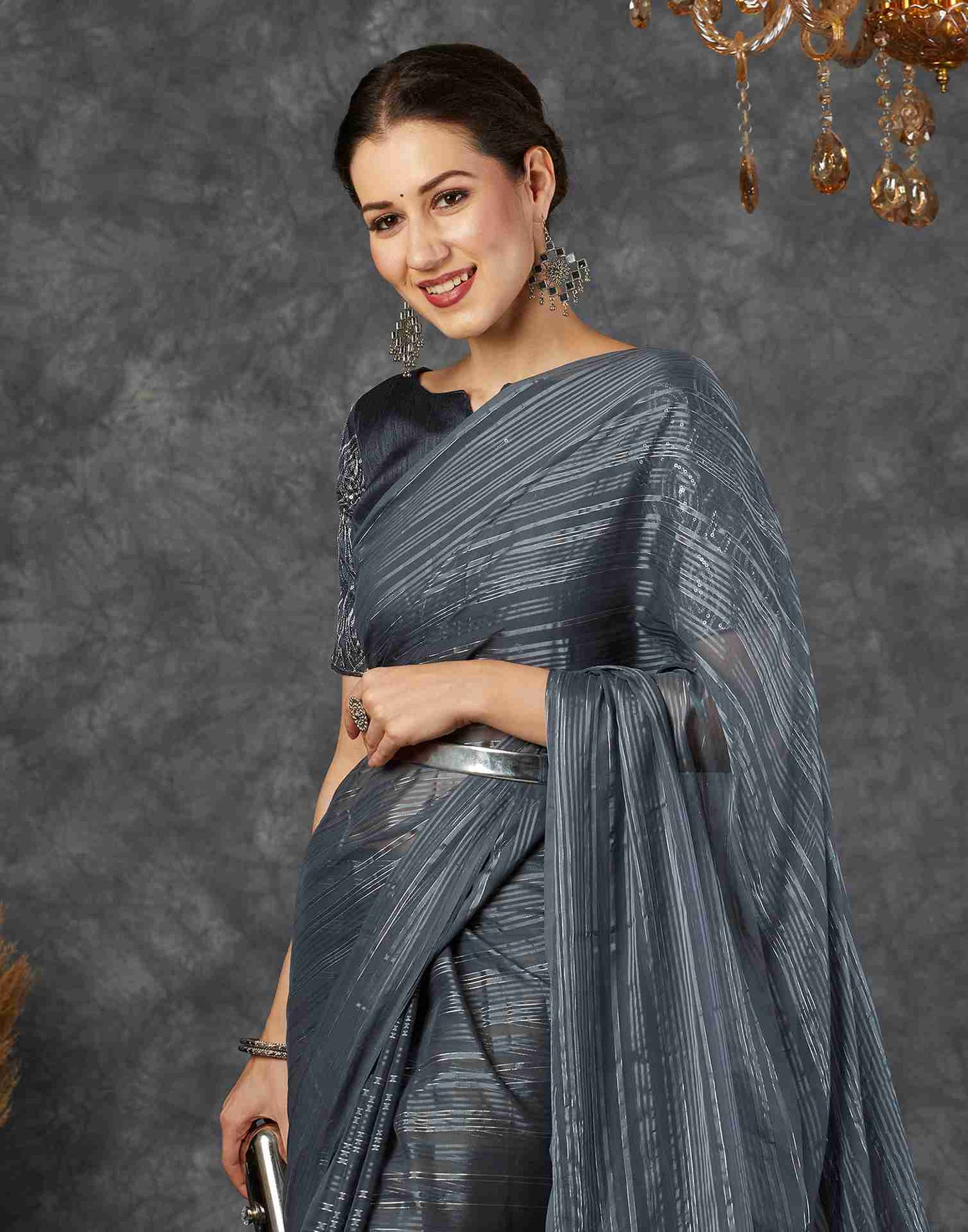 Dark Grey Georgette Plain Saree