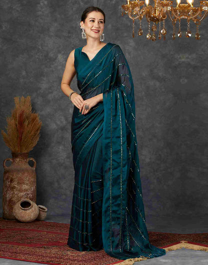 Rama Blue Georgette Plain Mirror Work Saree