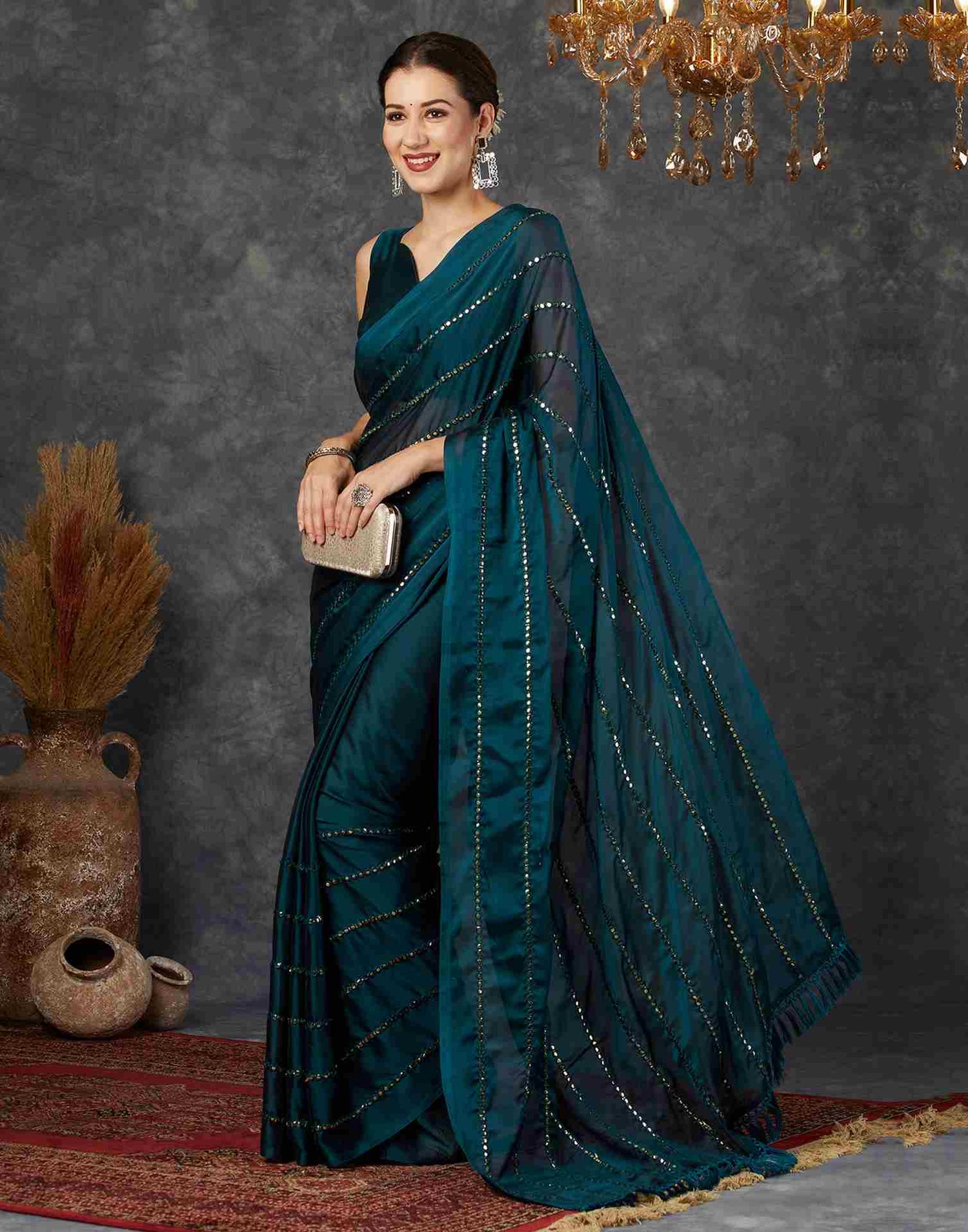 Rama Blue Georgette Plain Mirror Work Saree