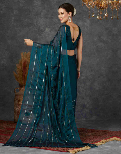 Rama Blue Georgette Plain Mirror Work Saree