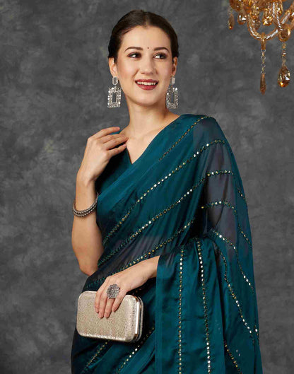 Rama Blue Georgette Plain Mirror Work Saree