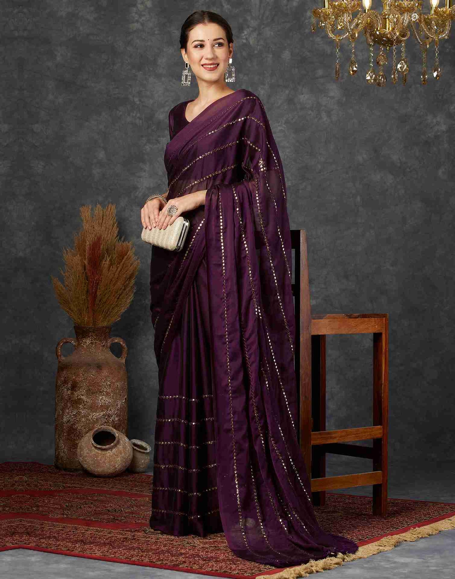 Wine Georgette Plain Mirror Work Saree