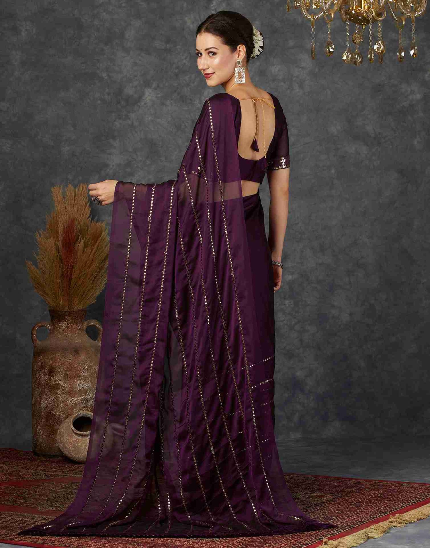 Wine Georgette Plain Mirror Work Saree