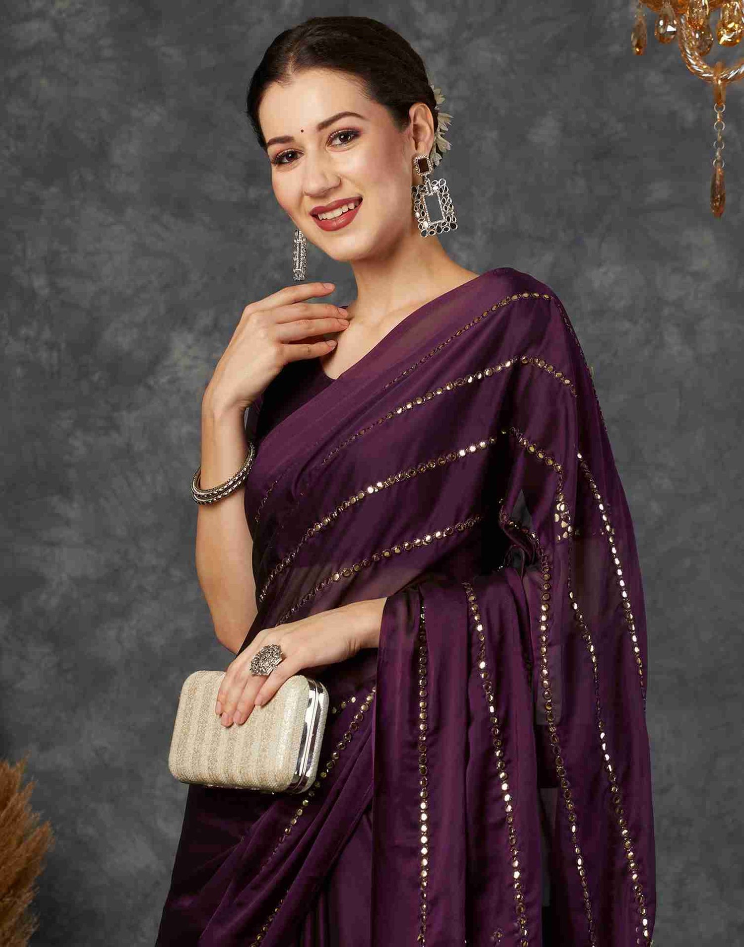 Wine Georgette Plain Mirror Work Saree