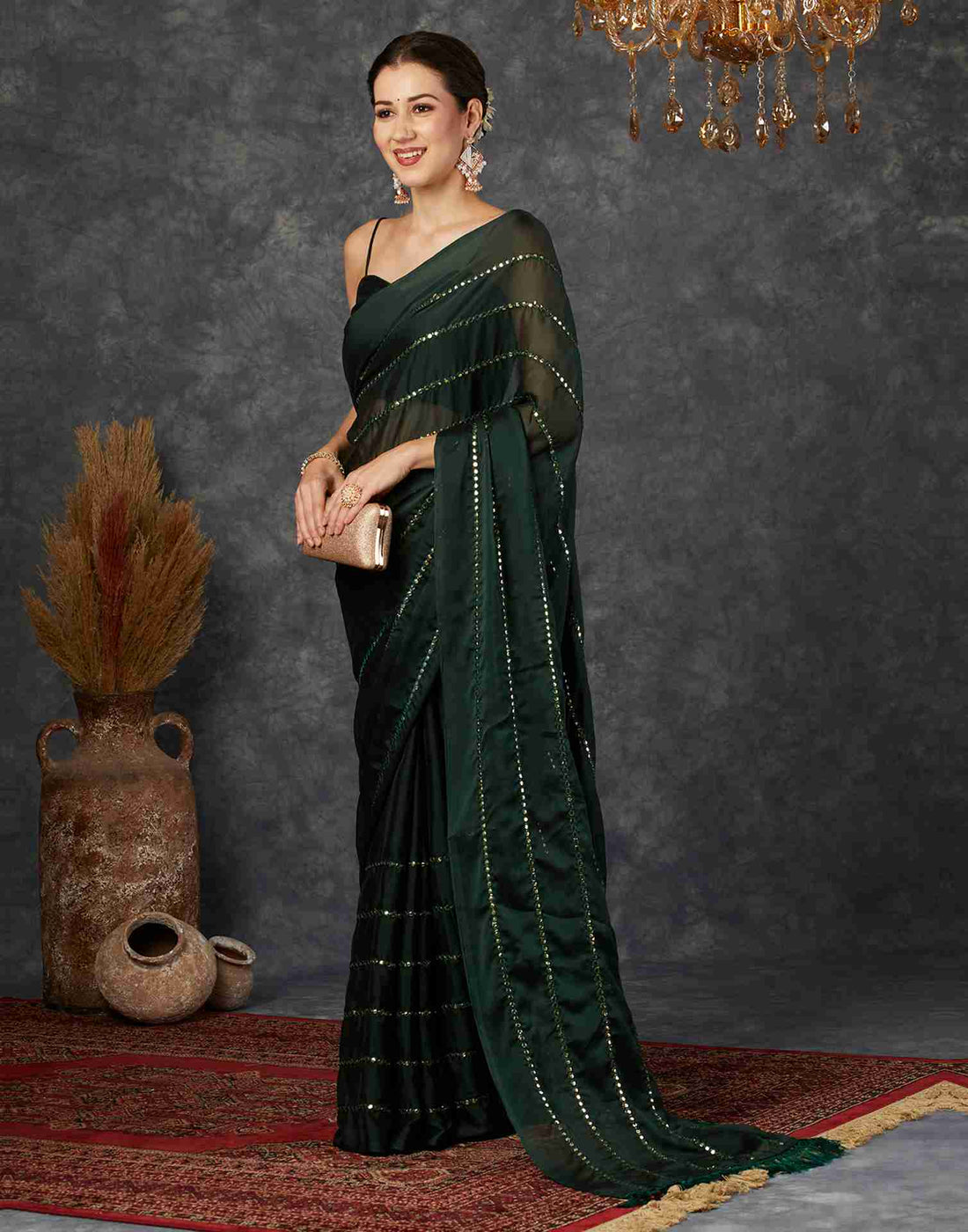 Dark Green Georgette Plain Mirror Work Saree