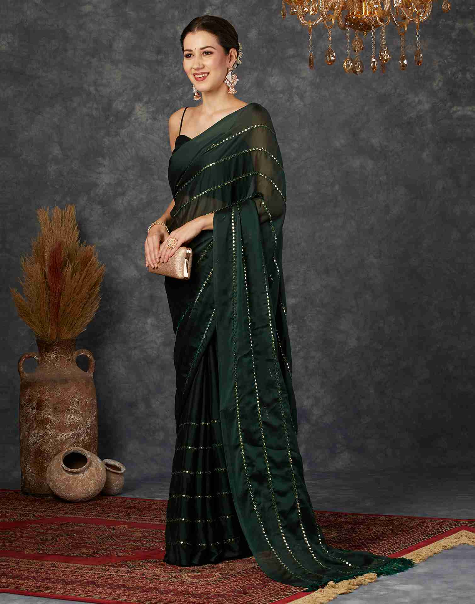 Dark Green Georgette Plain Mirror Work Saree