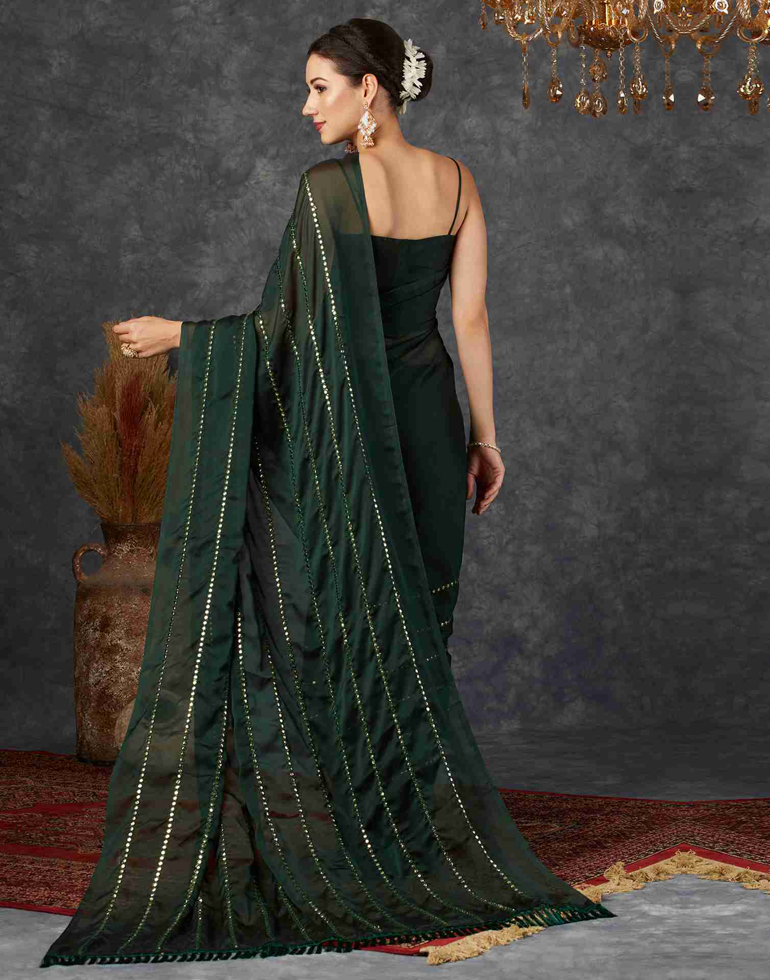 Dark Green Georgette Plain Mirror Work Saree