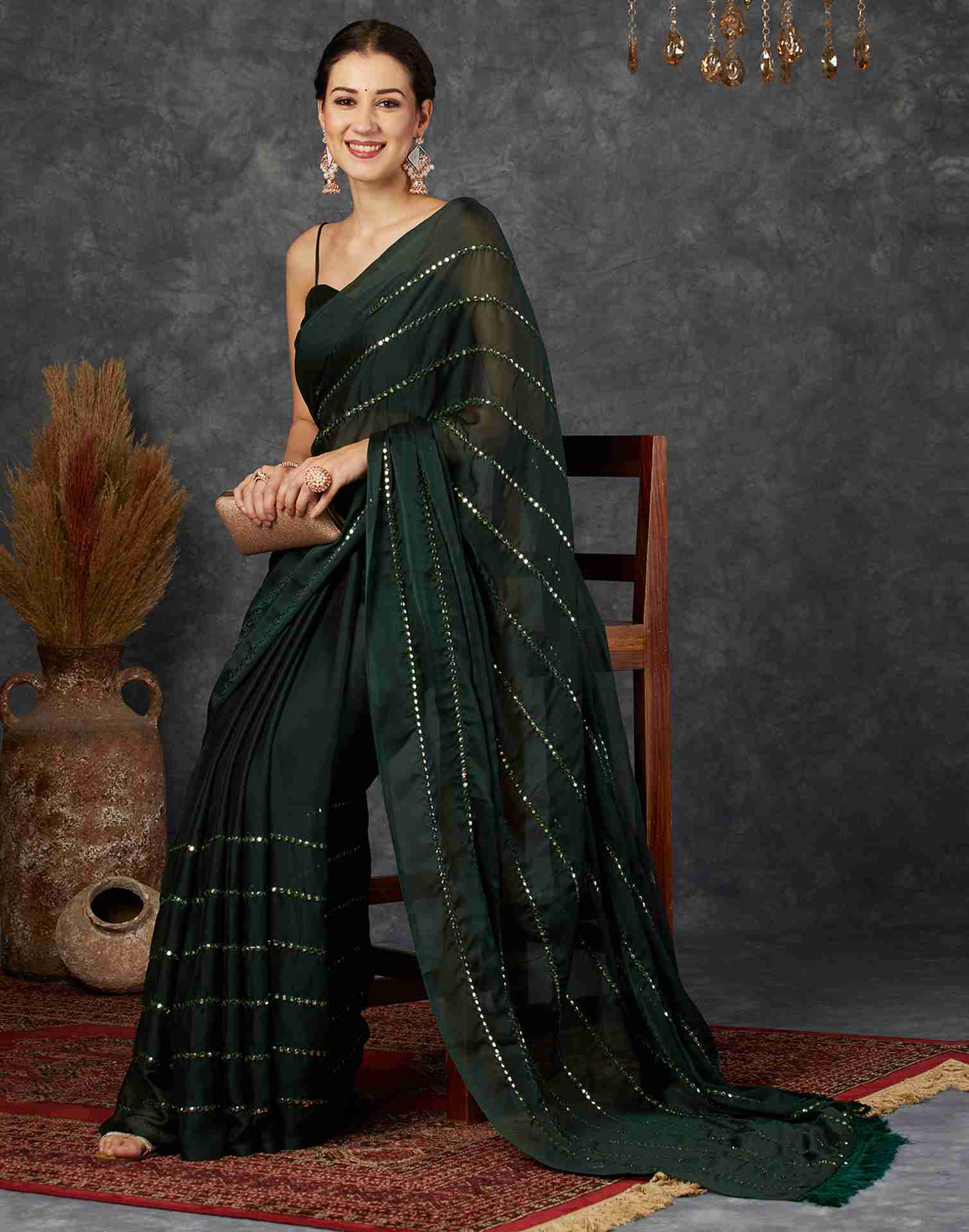 Dark Green Georgette Plain Mirror Work Saree