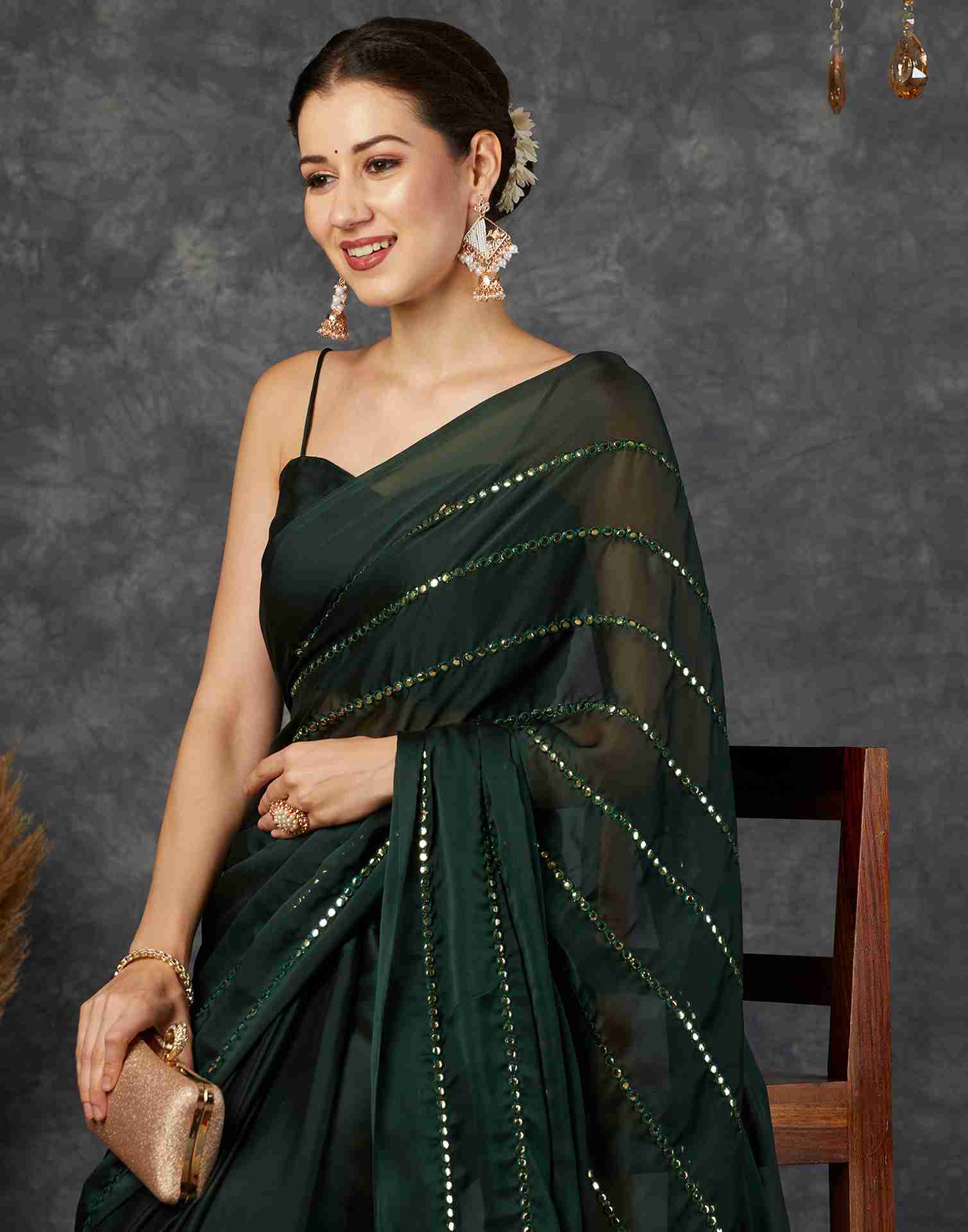 Dark Green Georgette Plain Mirror Work Saree