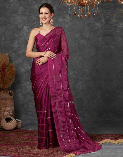 Deep Magenta Georgette Plain Mirror Work Saree