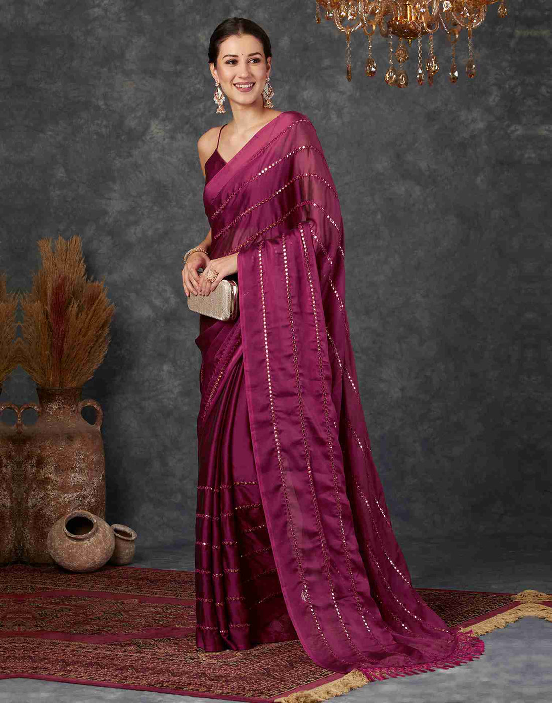 Deep Magenta Georgette Plain Mirror Work Saree