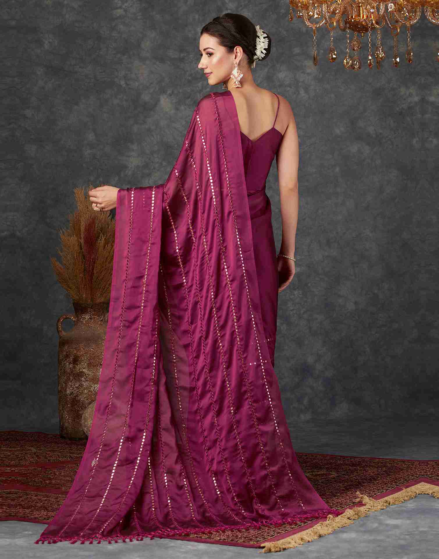 Deep Magenta Georgette Plain Mirror Work Saree