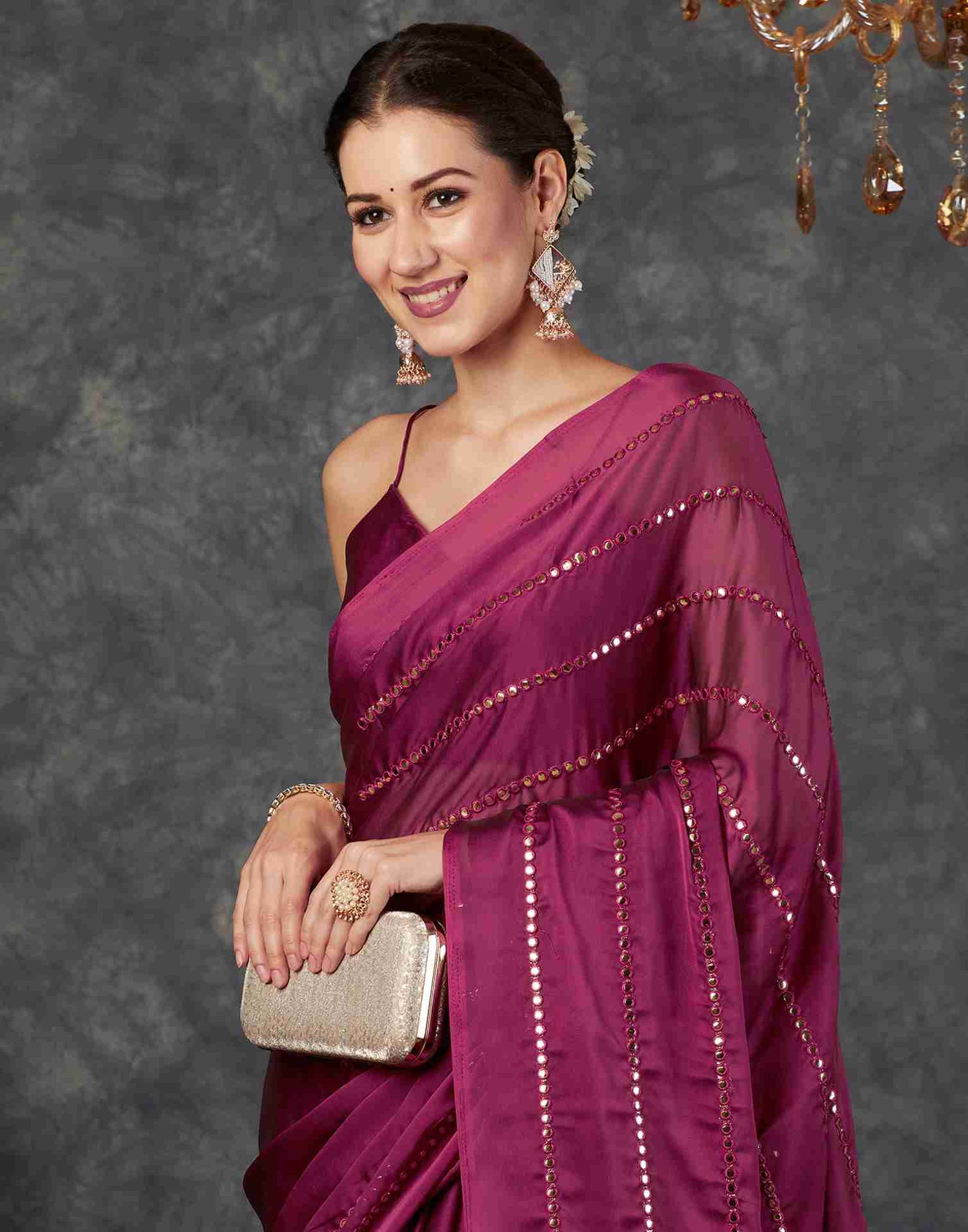 Deep Magenta Georgette Plain Mirror Work Saree