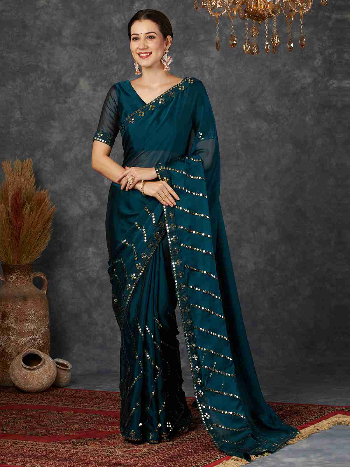 Rama Blue Georgette Plain Mirror Work Saree