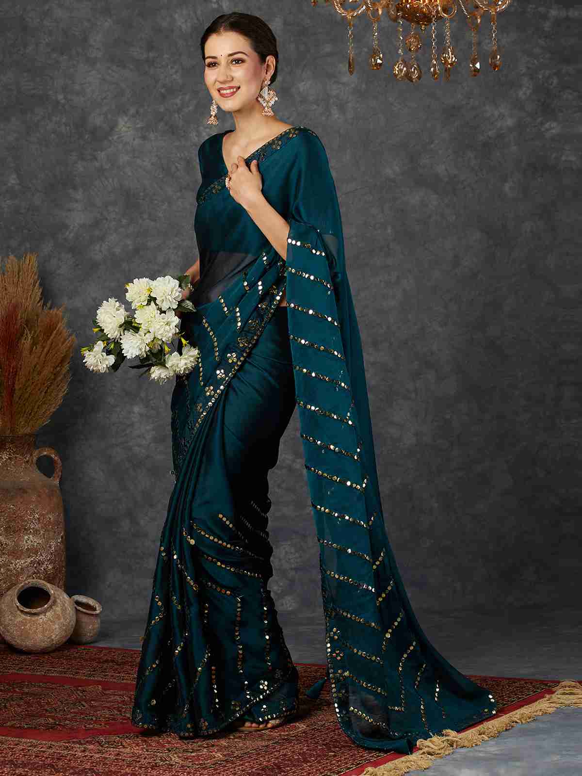 Rama Blue Georgette Plain Mirror Work Saree